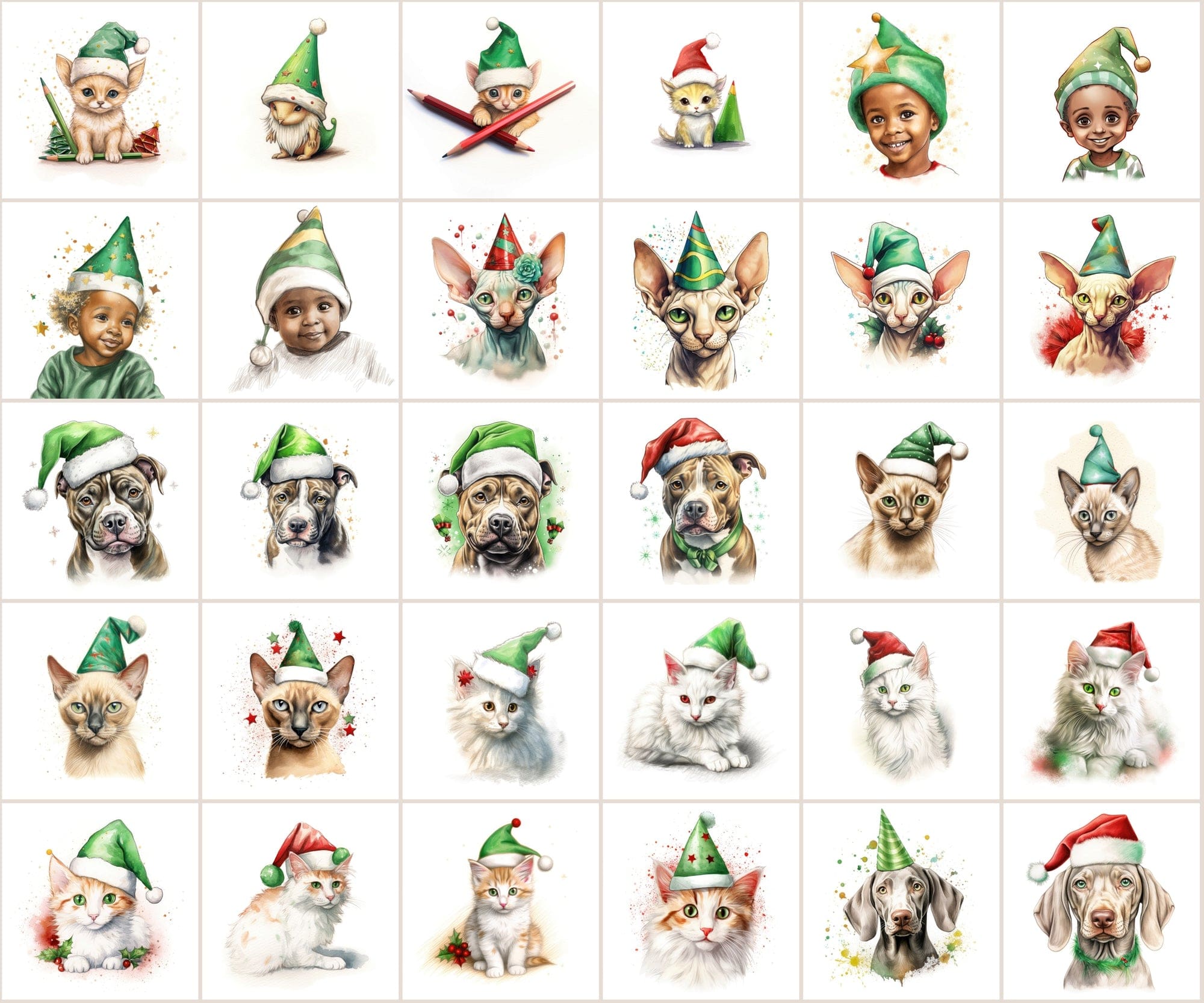 280 Animal Santa Hat PNGs: Dogs, Cats, Christmas Clipart, Commercial License Included Digital Download Sumobundle
