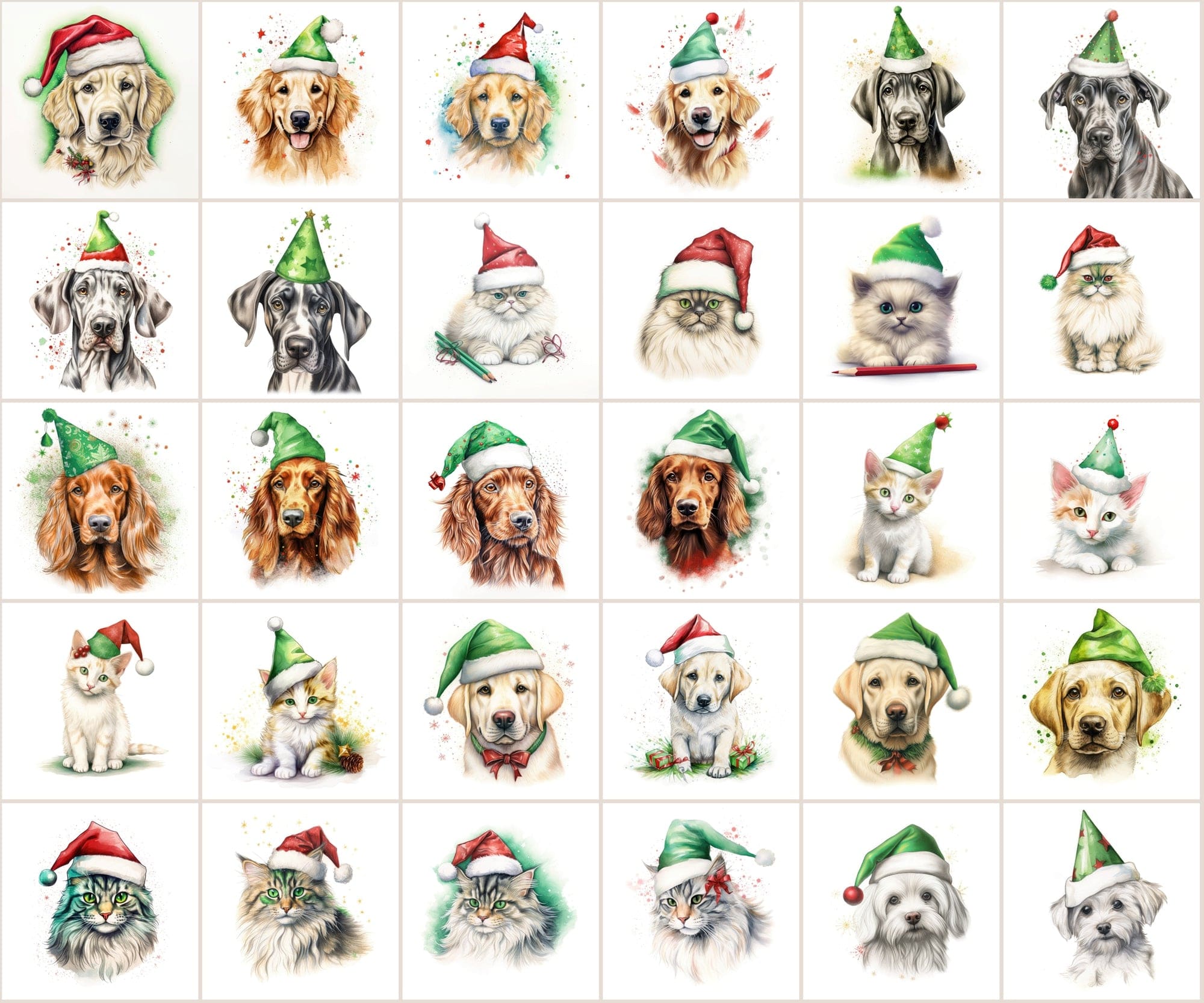 280 Animal Santa Hat PNGs: Dogs, Cats, Christmas Clipart, Commercial License Included Digital Download Sumobundle