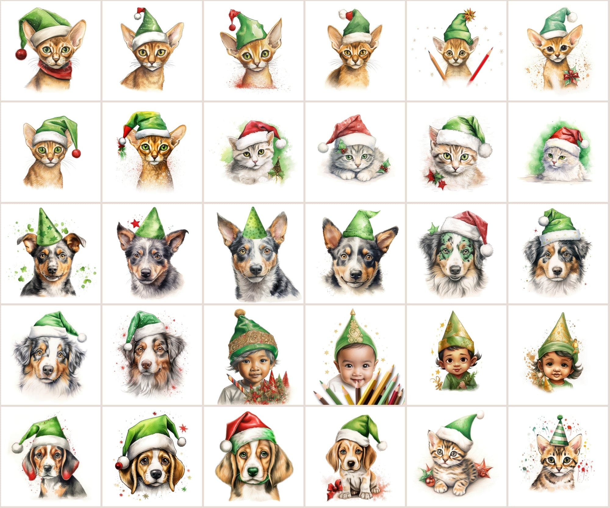 280 Animal Santa Hat PNGs: Dogs, Cats, Christmas Clipart, Commercial License Included Digital Download Sumobundle