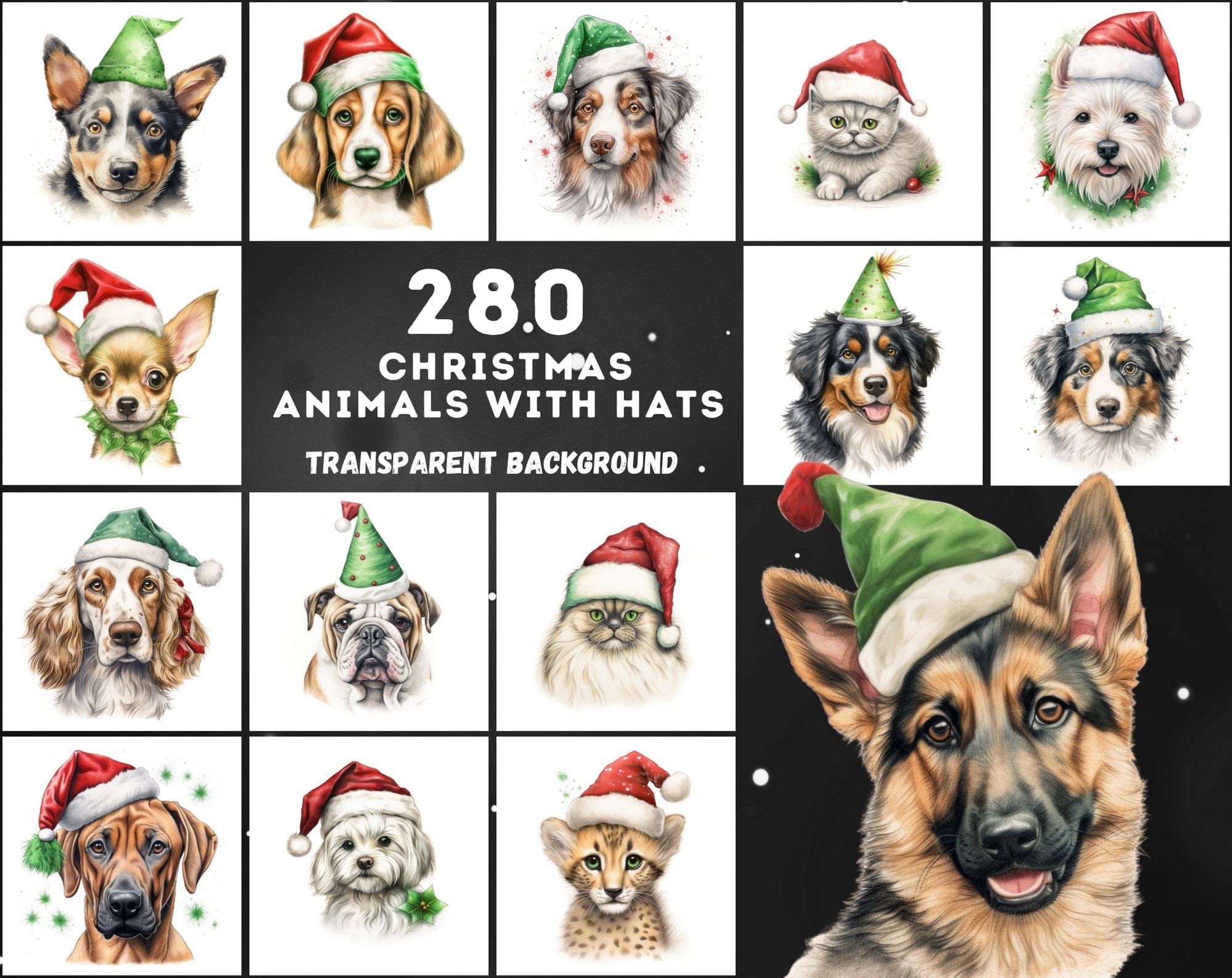 280 Animal Santa Hat PNGs: Dogs, Cats, Christmas Clipart, Commercial License Included Digital Download Sumobundle