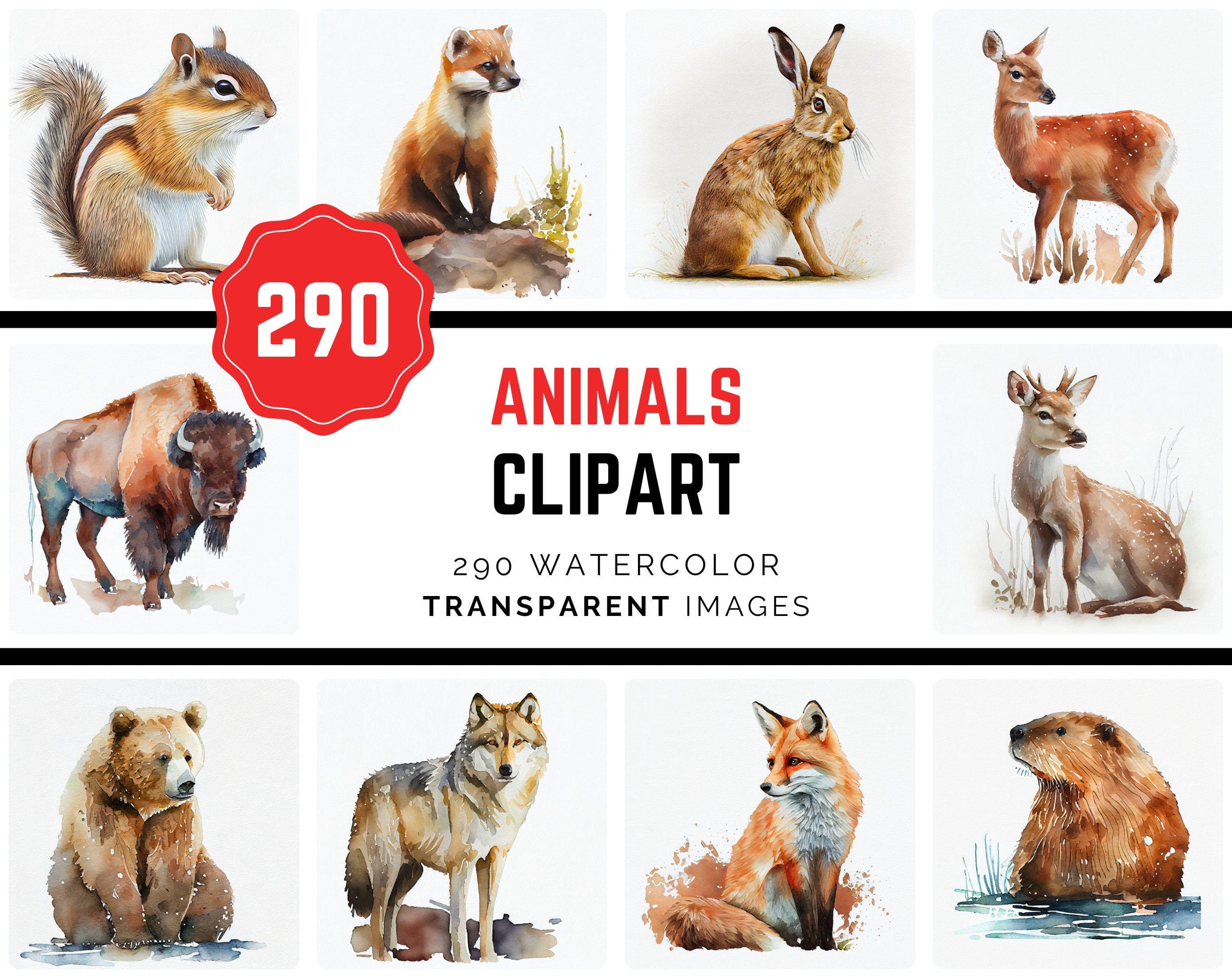 290 Watercolor Animal Images Perfect for DIY Crafts, Projects and Sublimation, Transparent Watercolor Animals, PNG animals, Clipart animals Digital Download Sumobundle