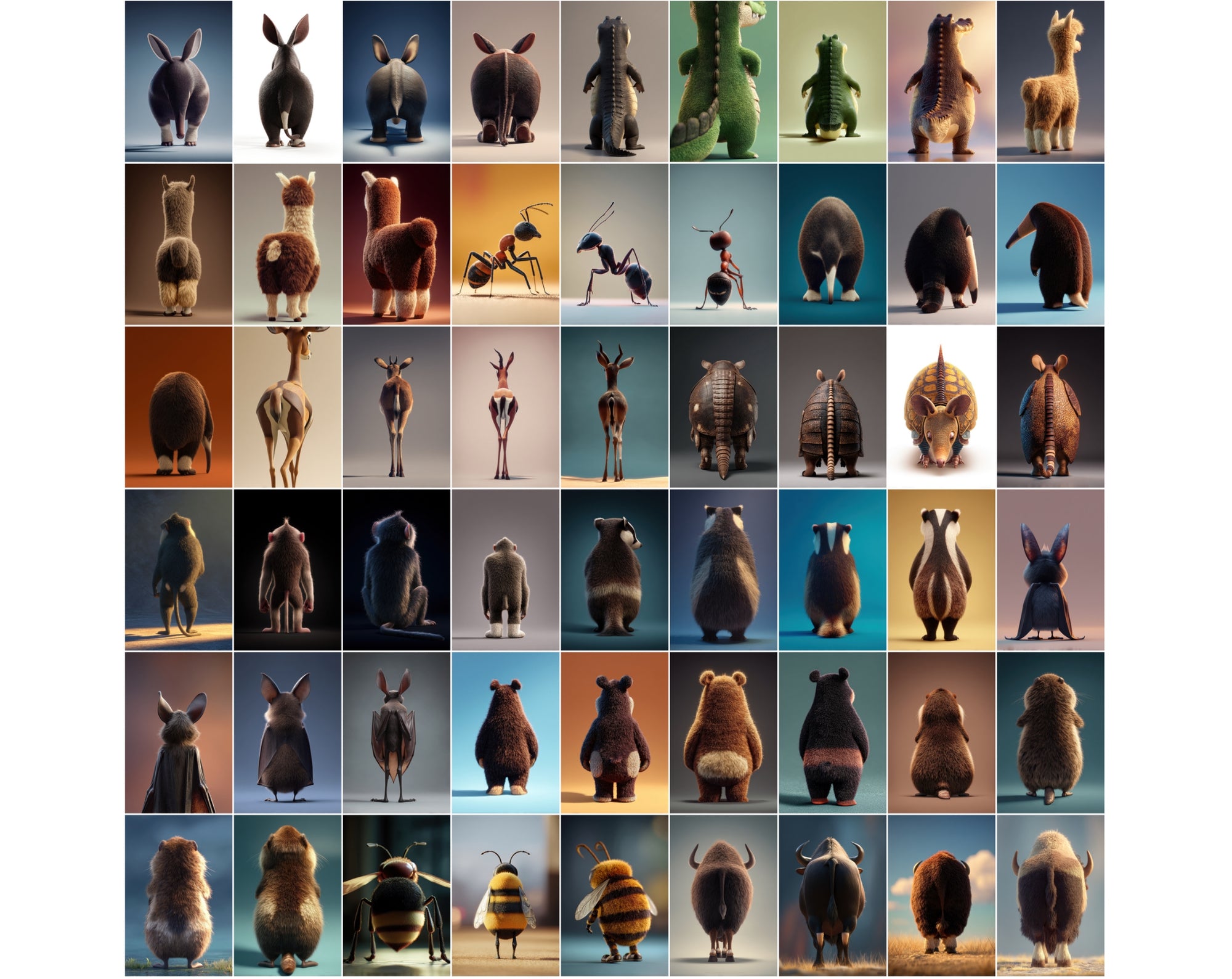1080 Funny Animal Backs – Unique Rear View Animal Illustrations JPG Bundle