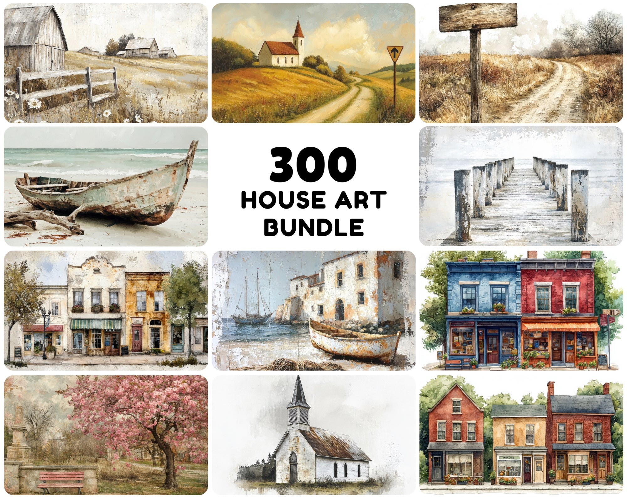Rustic House Art Bundle - 310 JPG Images, Vintage Farmhouses & Beach Huts