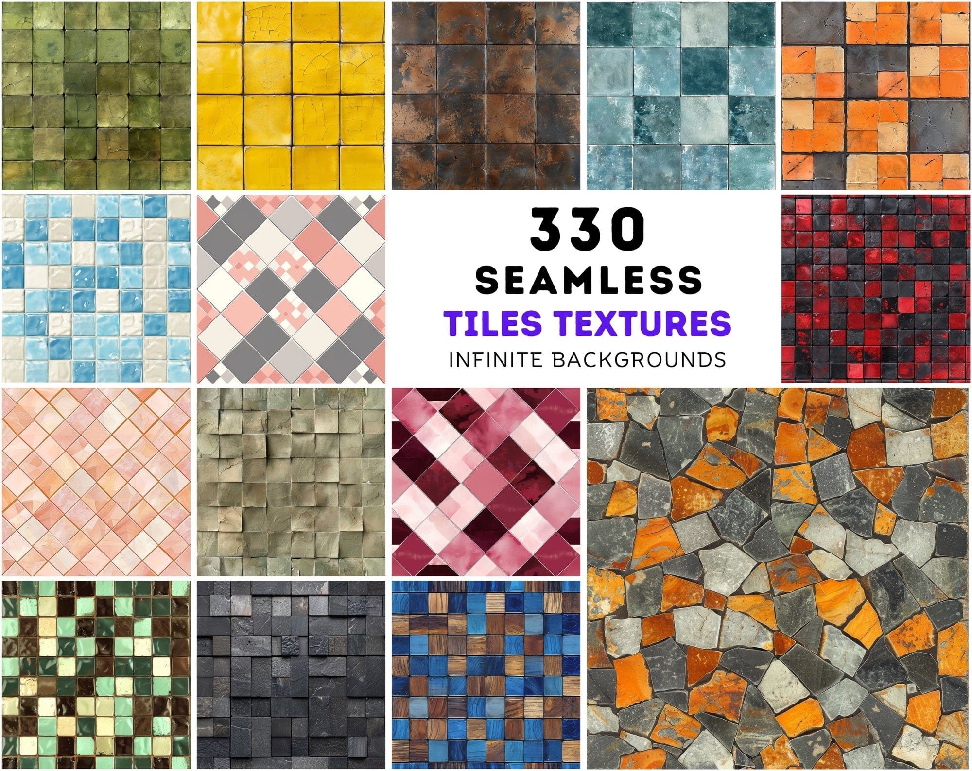 330 Ceramic Tile Seamless Patterns Bundle - High-Resolution JPG, Photoshop PAT - Commercial License Included Digital Download Sumobundle