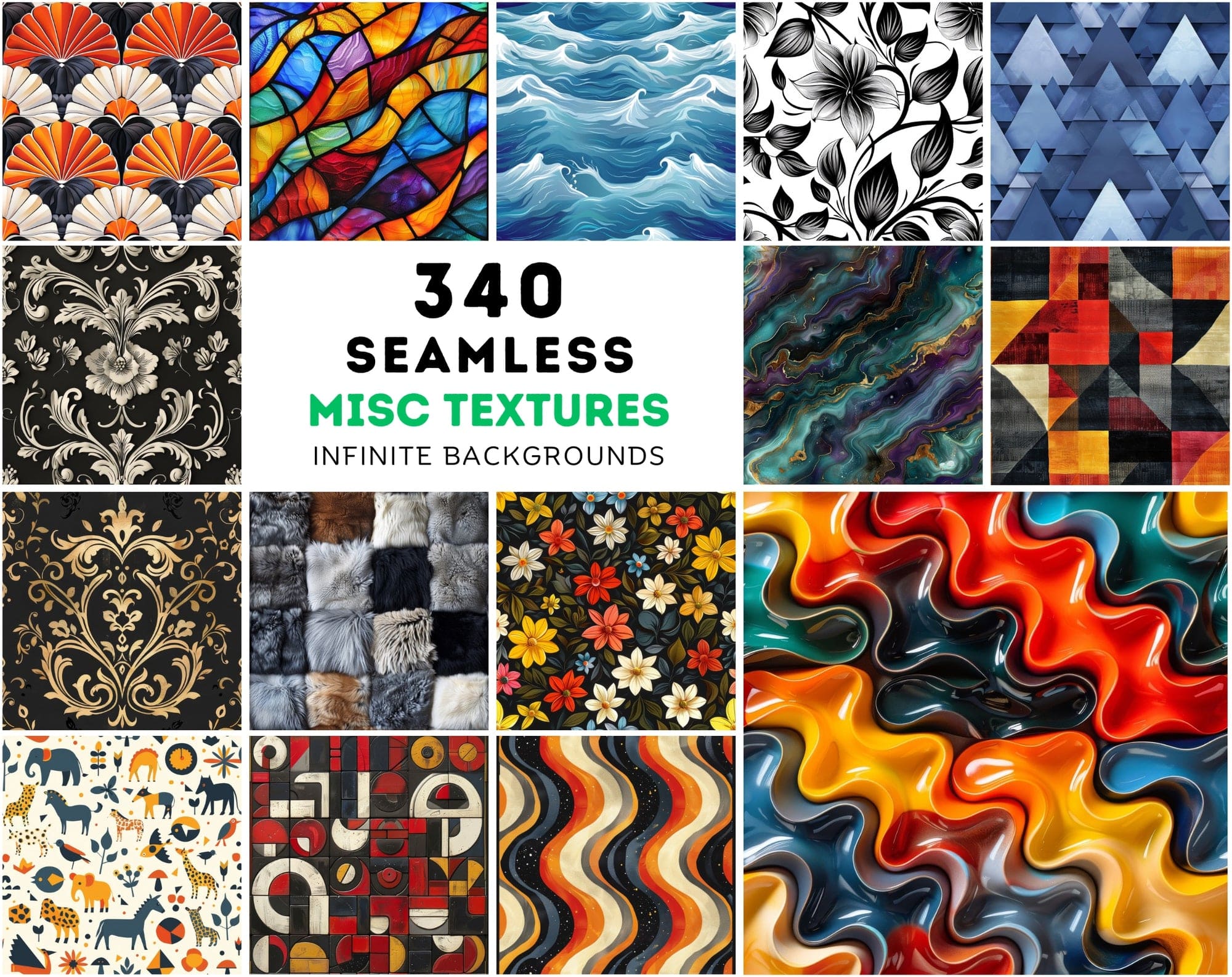 340 Seamless Texture Images with Photoshop Patterns - Abstract, Geometric, Art Deco, High-Resolution, Commercial Use Digital Download Sumobundle