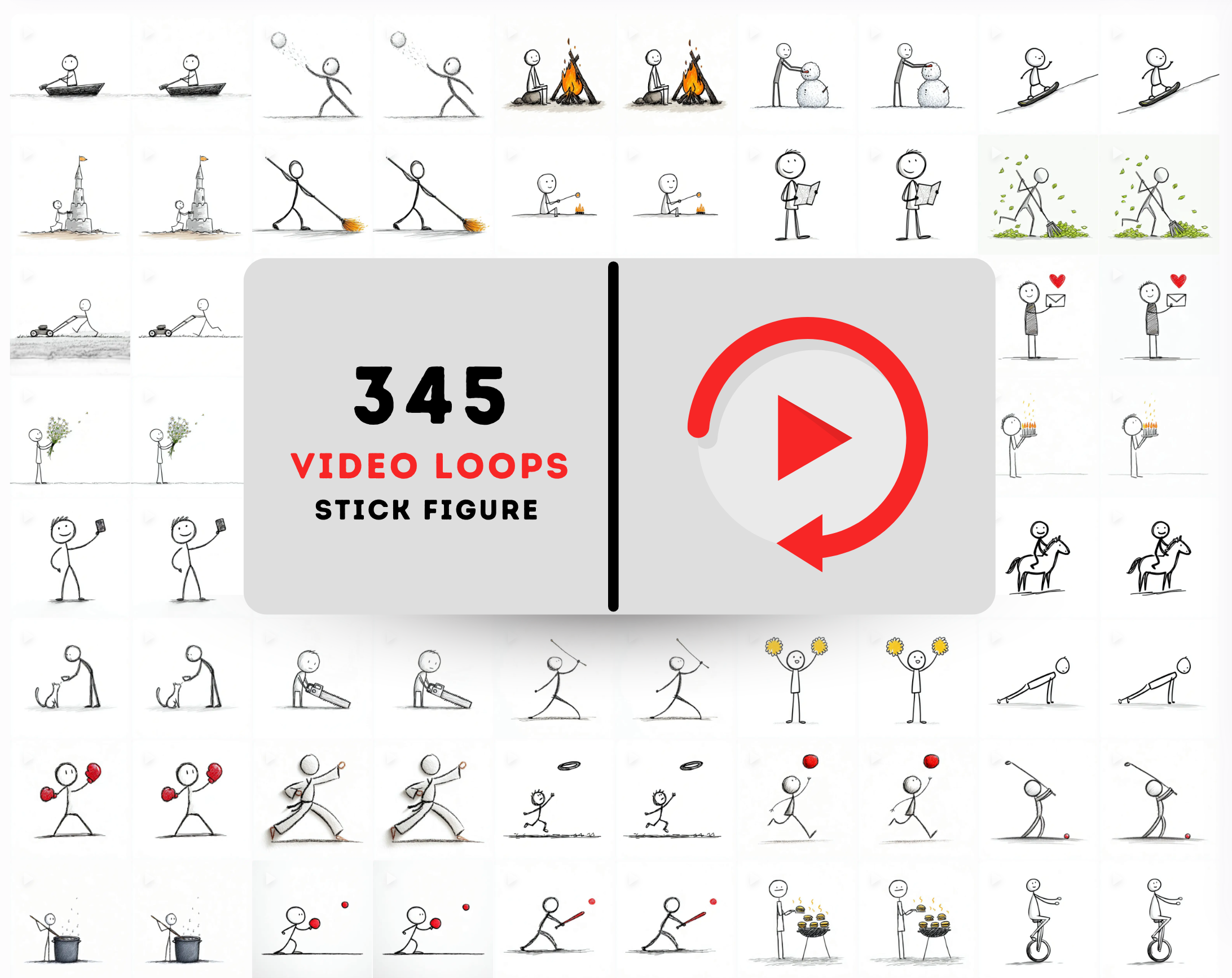 345 Stick Figure Video Loops, Animated MP4 Clipart Bundle, Commercial Use, Funny Minimal Motion Graphics