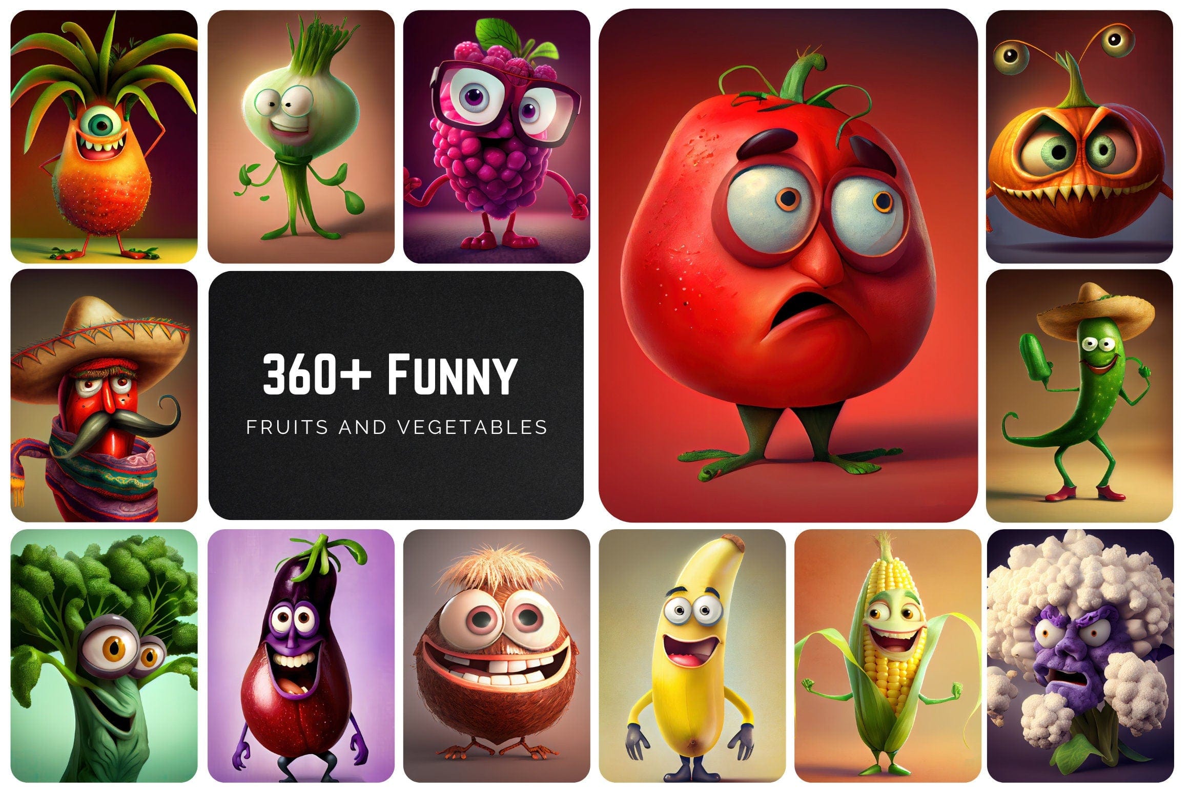 360 Funny fruits and vegetables, Printable Funny Fruit & Vegetable Designs - Commercial license Digital Download Sumobundle