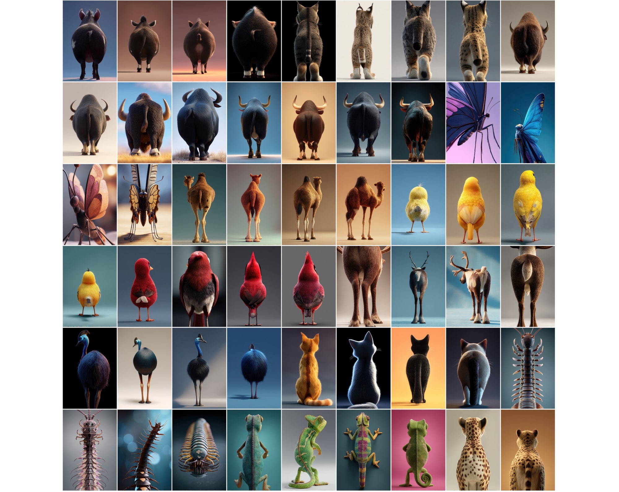 1080 Funny Animal Backs – Unique Rear View Animal Illustrations JPG Bundle