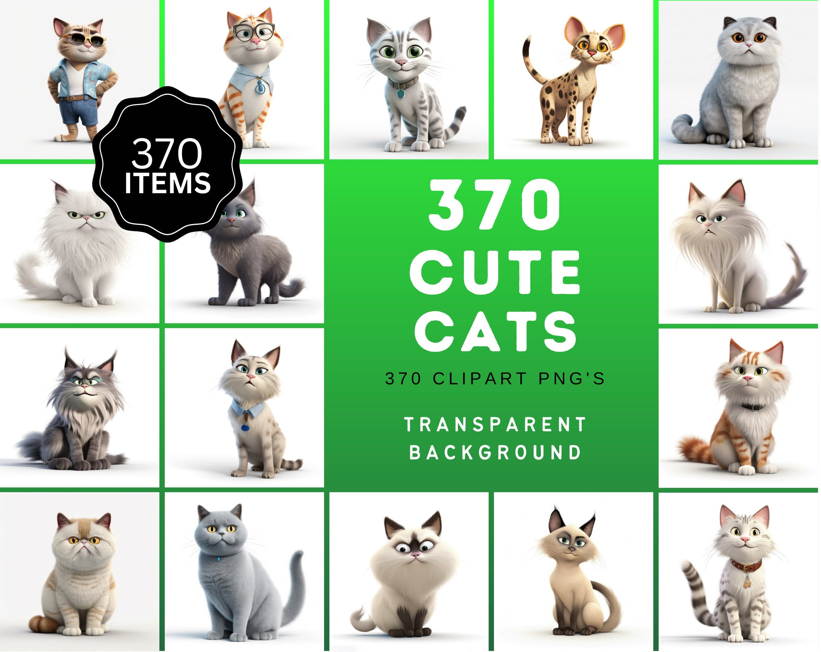 3D & Cartoon Cat Image Bundle - 370 Transparent PNG Cat Graphics for Creative Projects - Ultimate Cat Lovers' 3D Cartoon Image Collection Digital Download Sumobundle