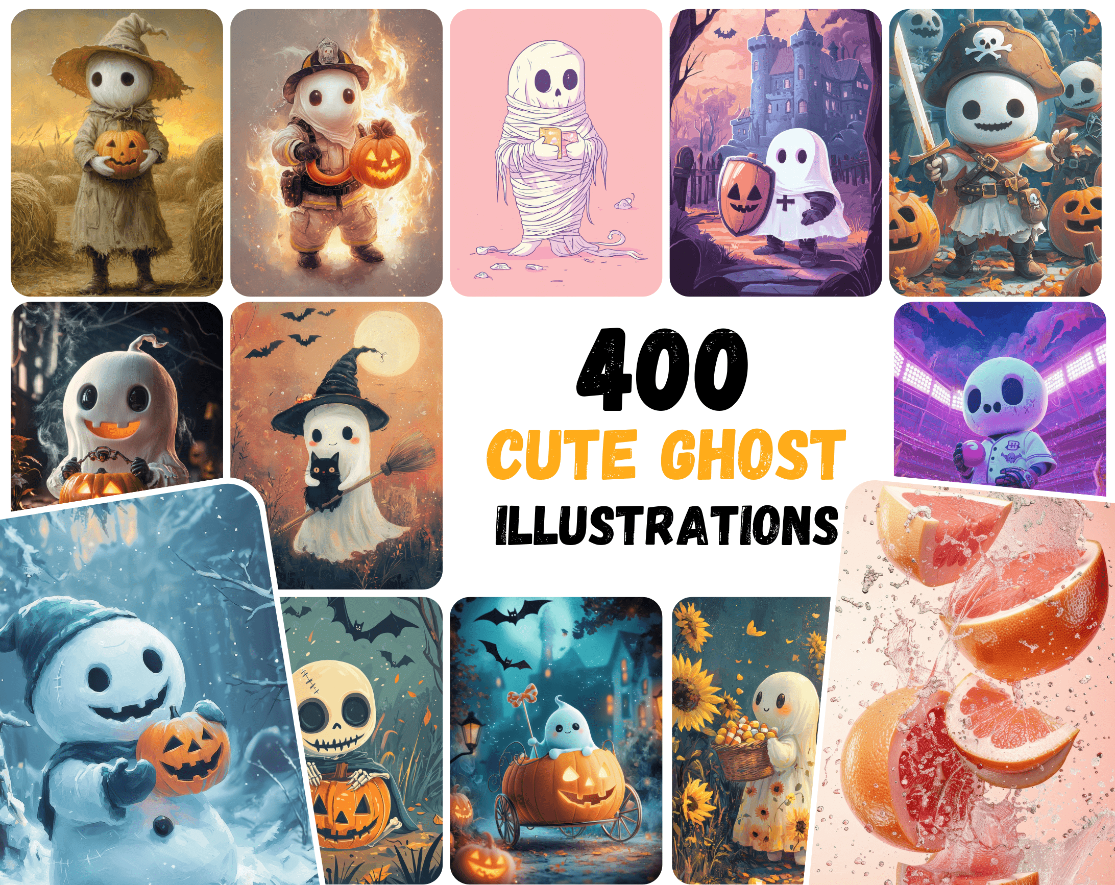 4-in-1 Collection - 1680 Halloween Mega Bundle - Ghosts, Whimsical Designs, Flat Art, Spooky Images Digital Download Sumobundle