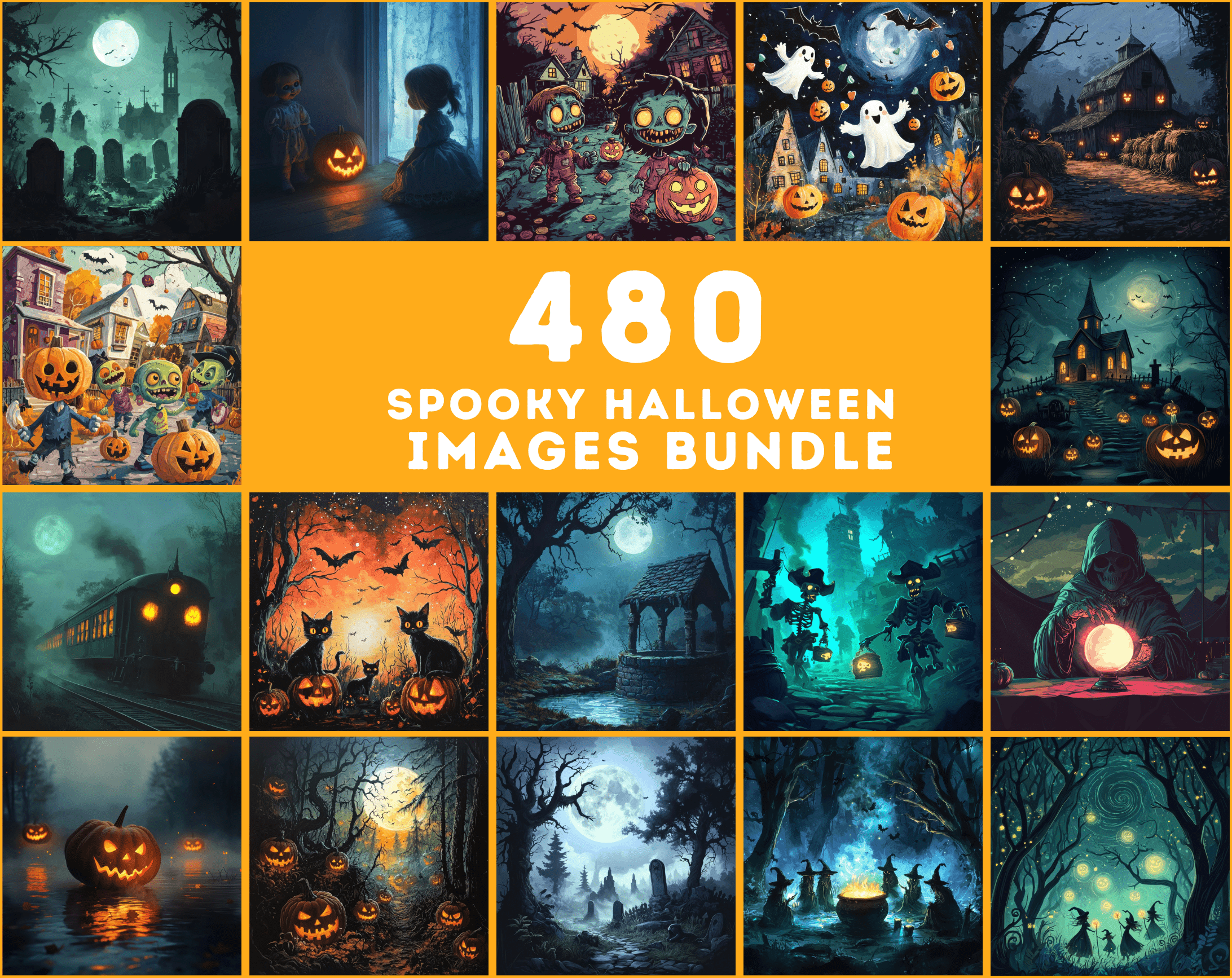 4-in-1 Collection - 1680 Halloween Mega Bundle - Ghosts, Whimsical Designs, Flat Art, Spooky Images Digital Download Sumobundle