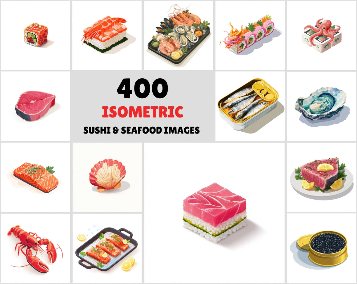400 Flat Isometric Seafood & Sushi Illustrations
