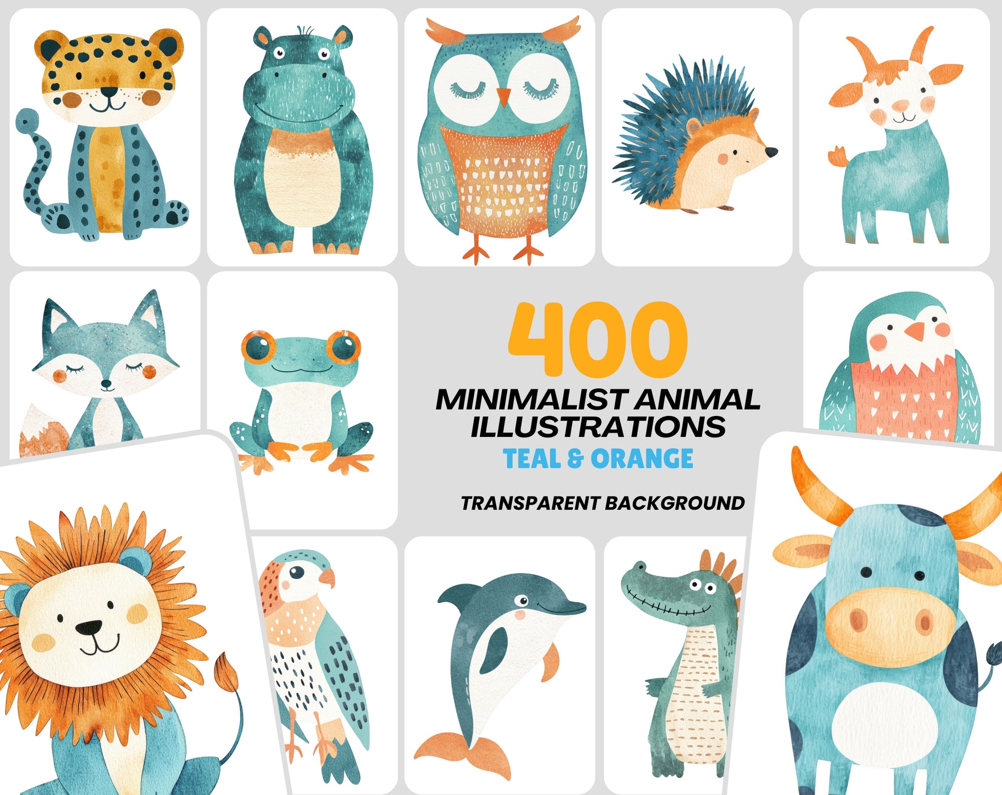 400 Teal & Orange Minimalist Animal Illustrations | Commercial License