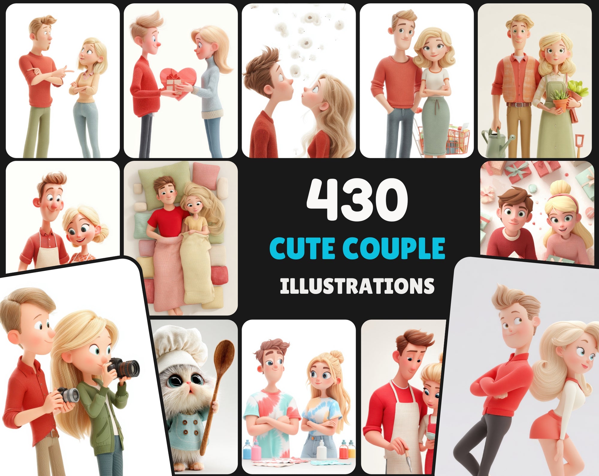 430 Cute Couple Illustrations – Pastel 3D Style