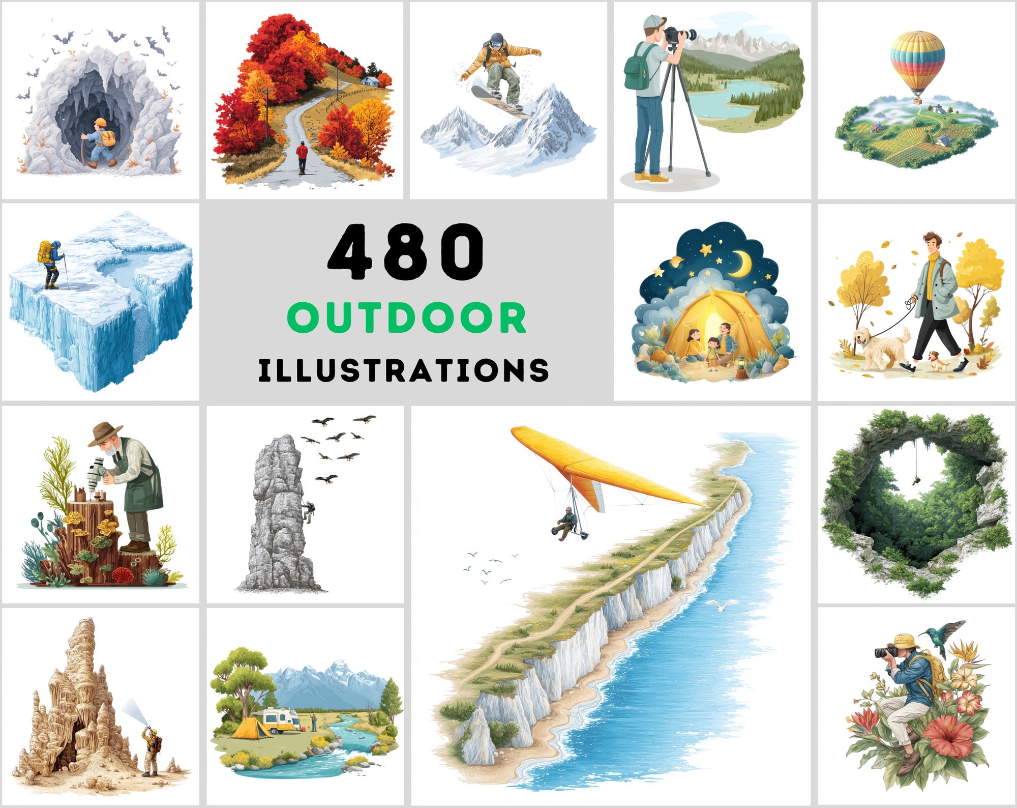 485 Outdoor Adventure Illustrations Bundle | Nature Scenes Digital Art Collection