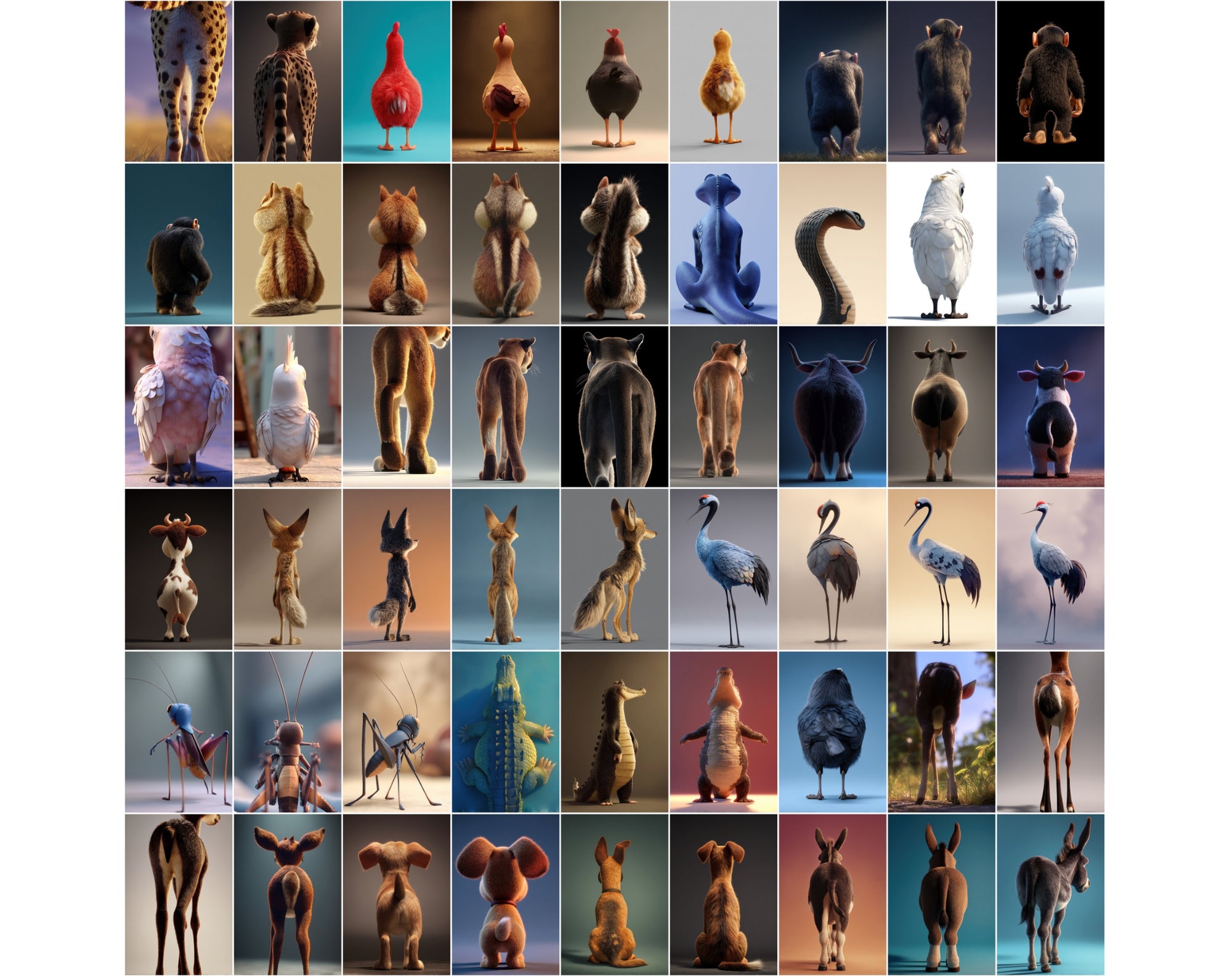 1080 Funny Animal Backs – Unique Rear View Animal Illustrations JPG Bundle