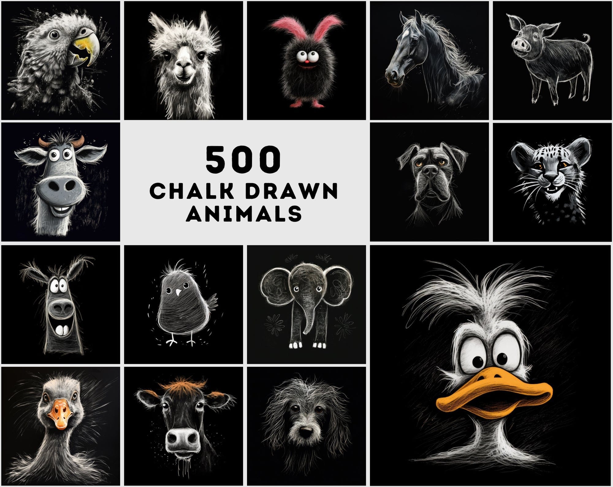 500 Chalk Animal Illustrations - High-Resolution PNG, Commercial License Included Digital Download Sumobundle