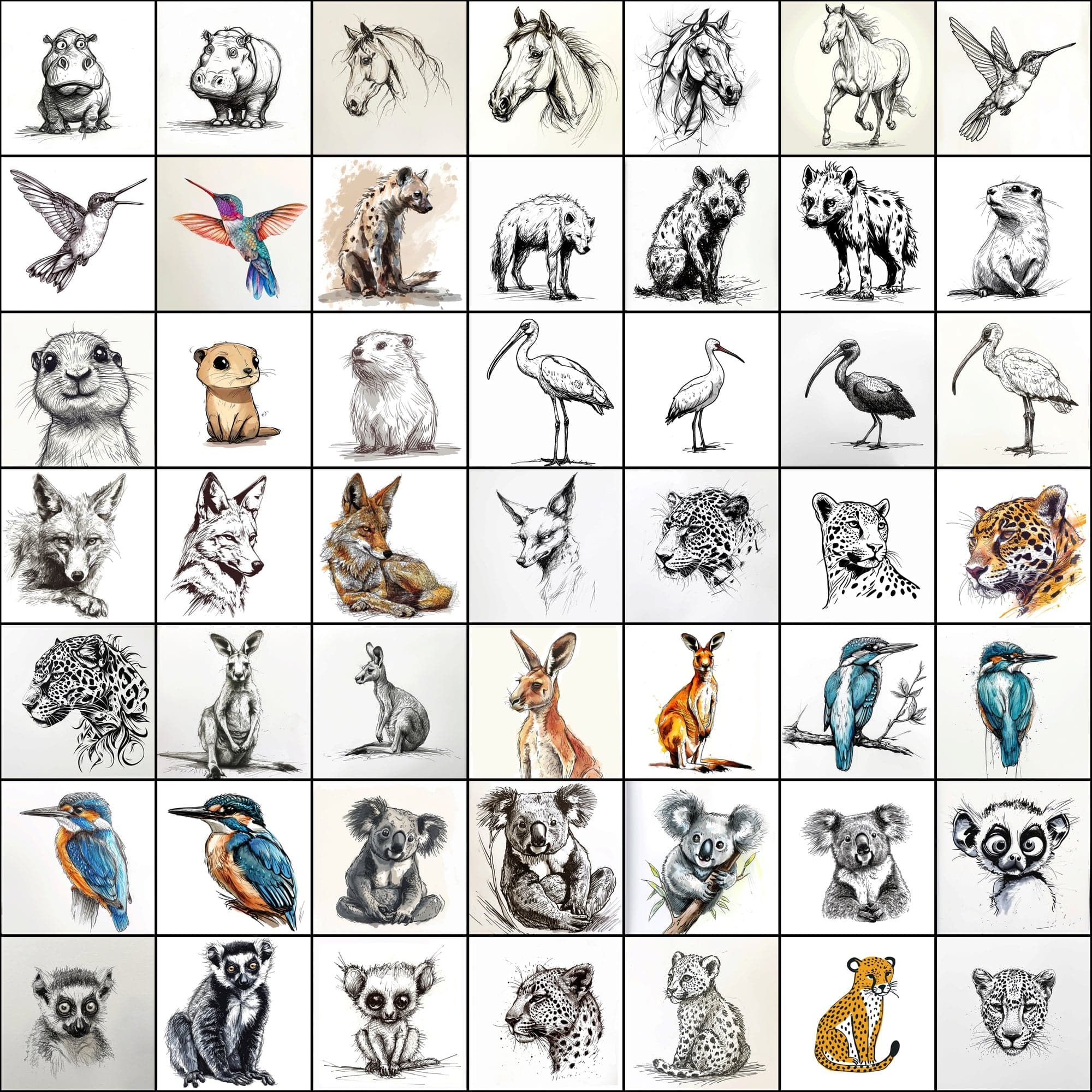 500 Doodle Animal Images, Black and White Digital Art Digital Download Sumobundle