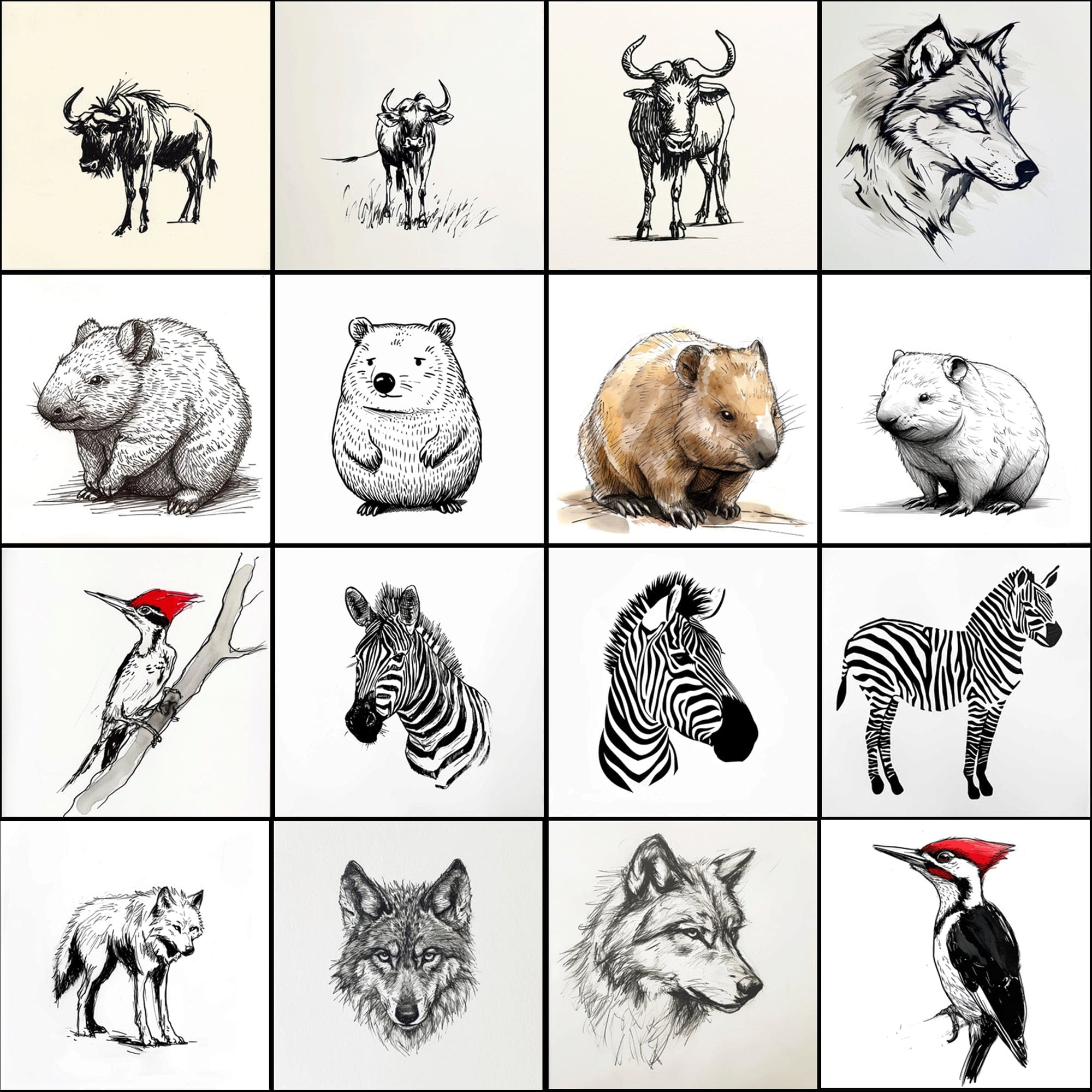 500 Doodle Animal Images, Black and White Digital Art Digital Download Sumobundle