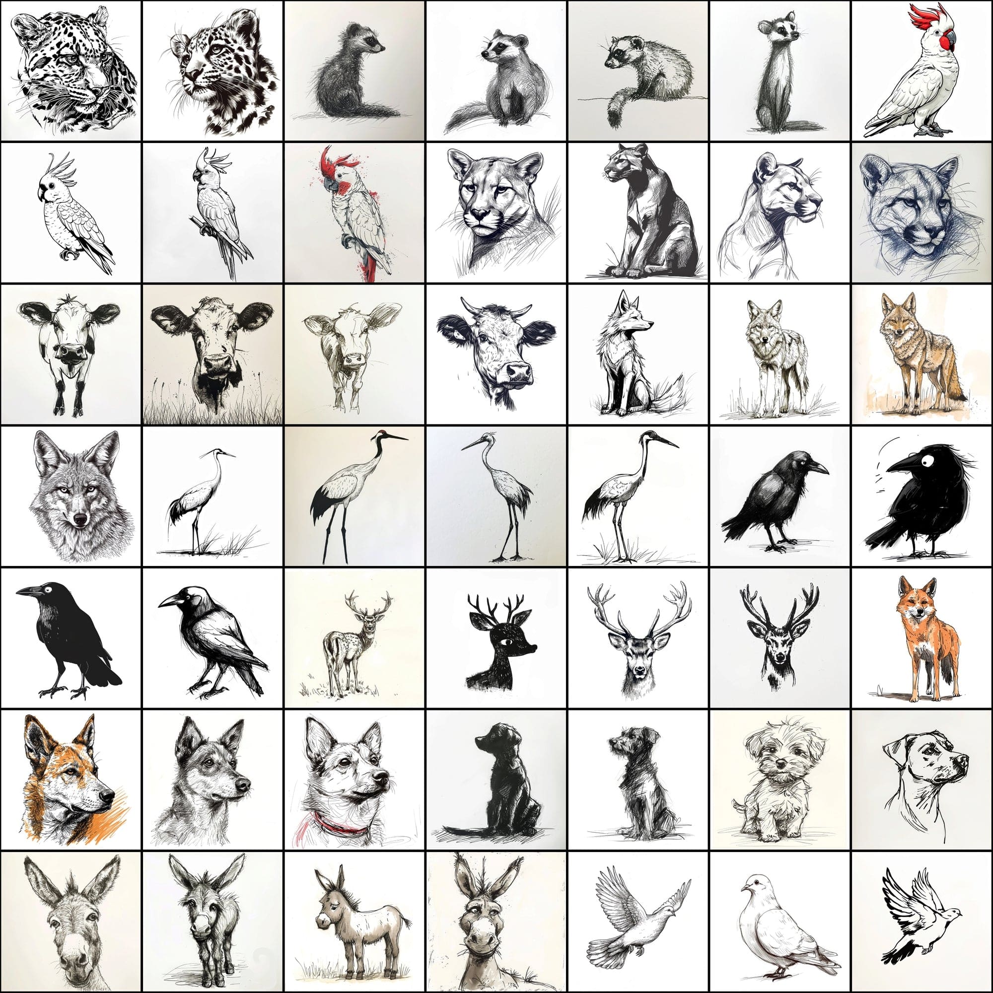 500 Doodle Animal Images, Black and White Digital Art Digital Download Sumobundle