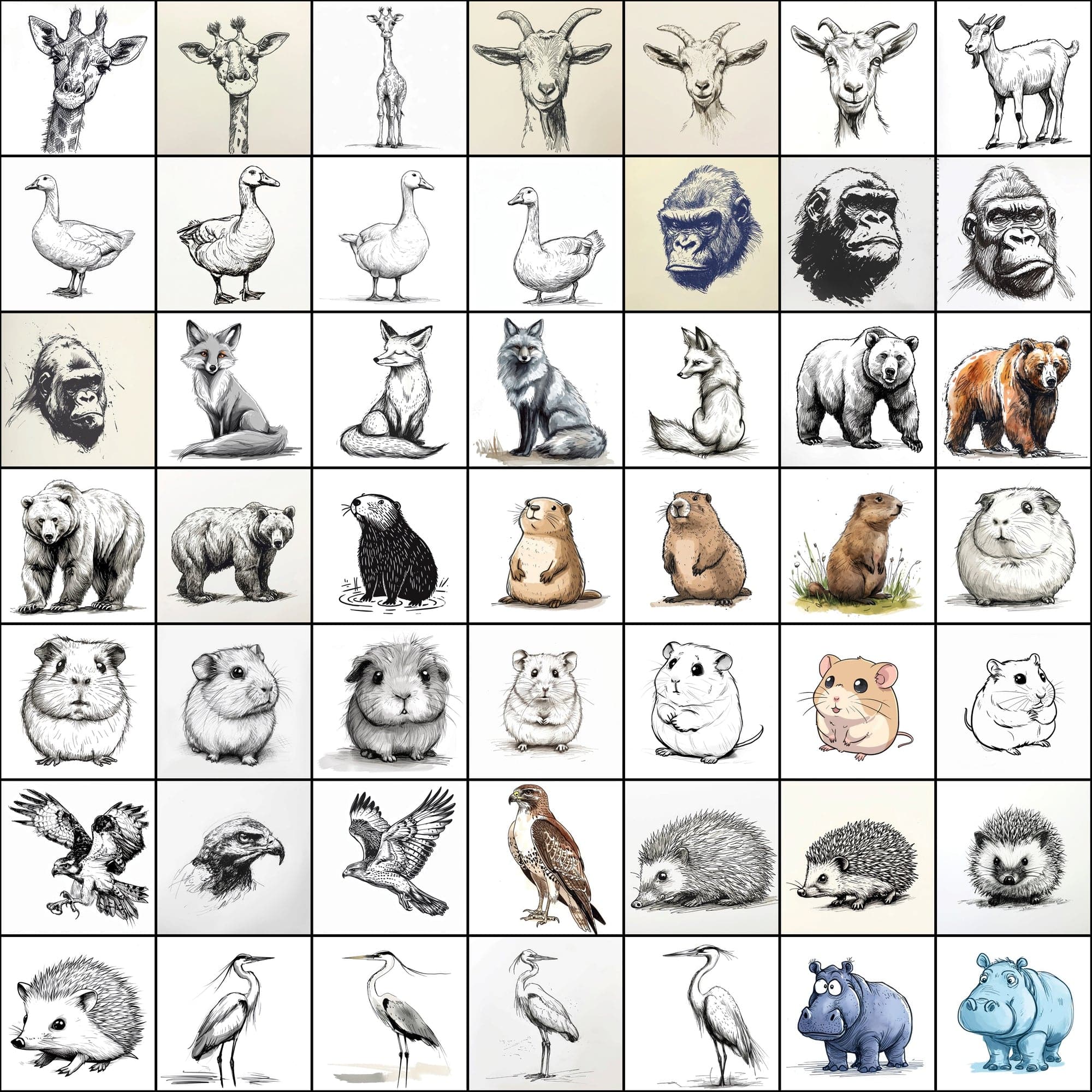 500 Doodle Animal Images, Black and White Digital Art Digital Download Sumobundle
