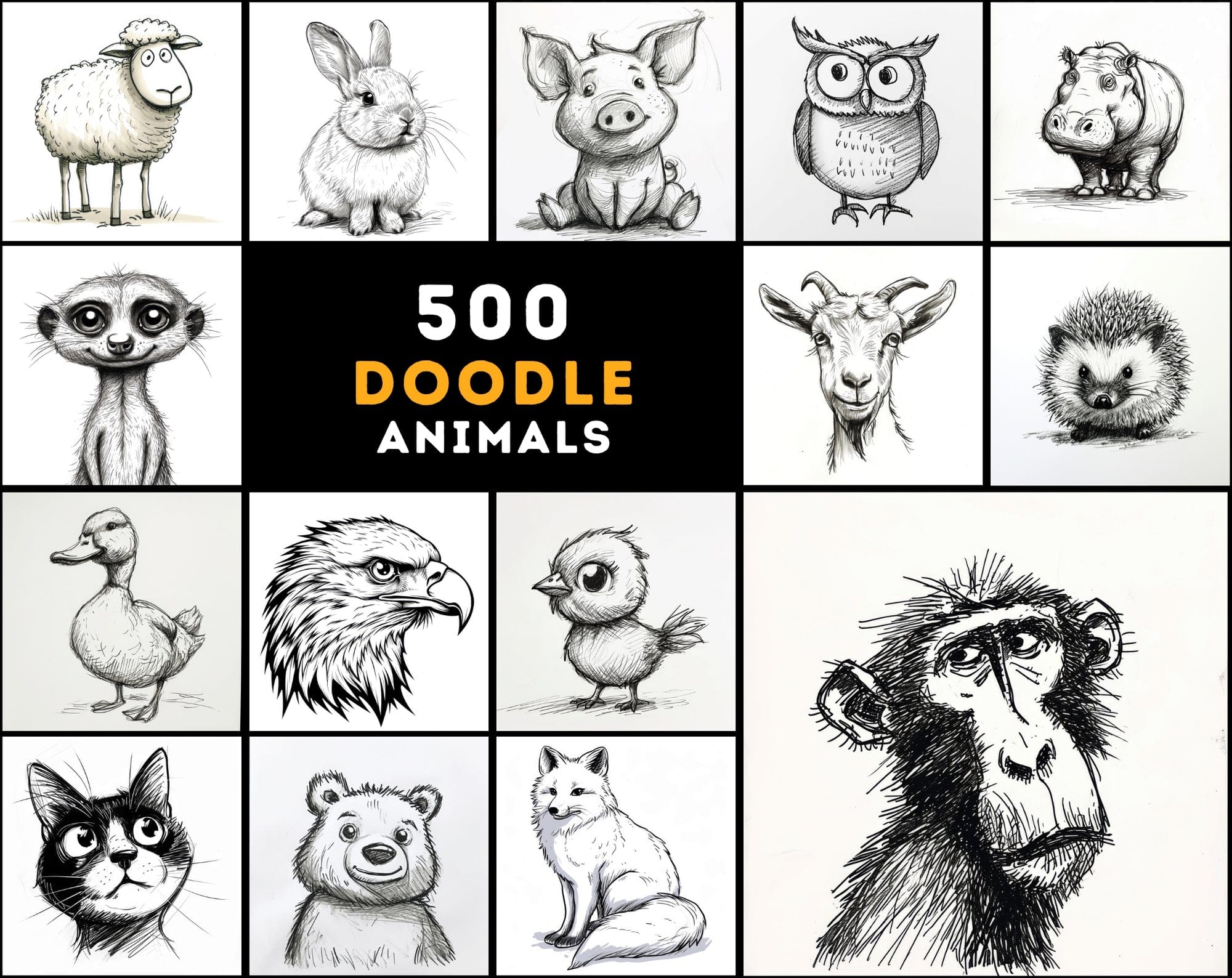 500 Doodle Animal Images, Black and White Digital Art Digital Download Sumobundle