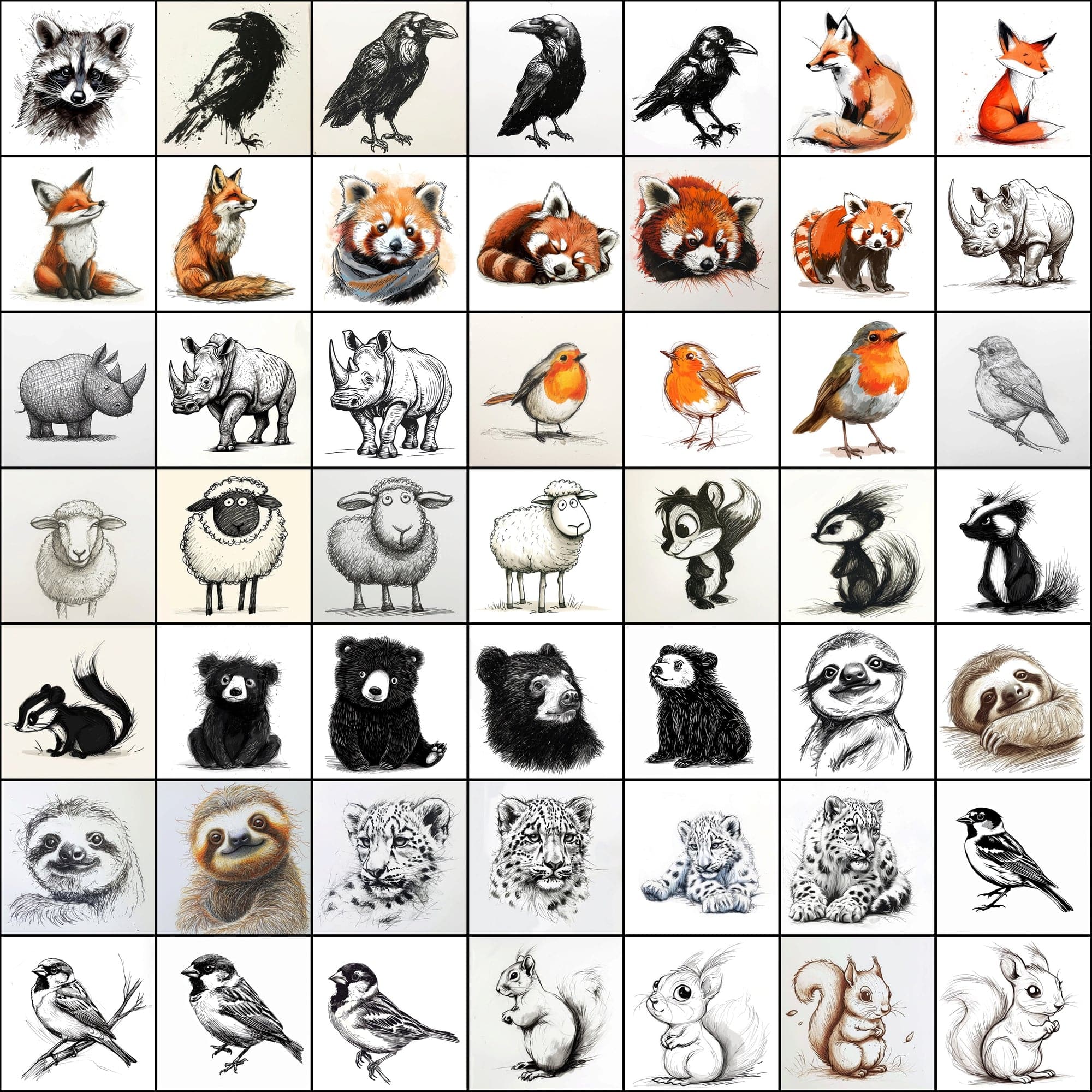 500 Doodle Animal Images, Black and White Digital Art Digital Download Sumobundle