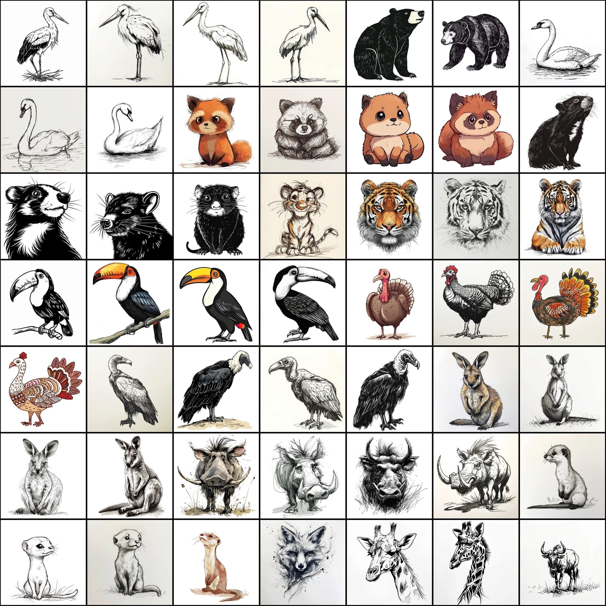 500 Doodle Animal Images, Black and White Digital Art Digital Download Sumobundle