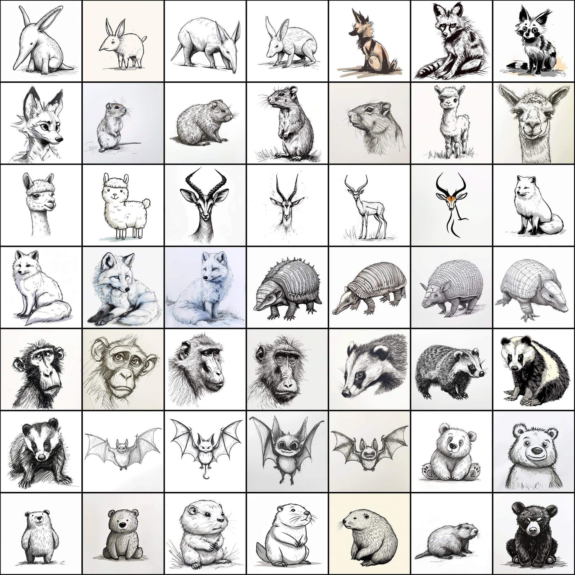 500 Doodle Animal Images, Black and White Digital Art Digital Download Sumobundle