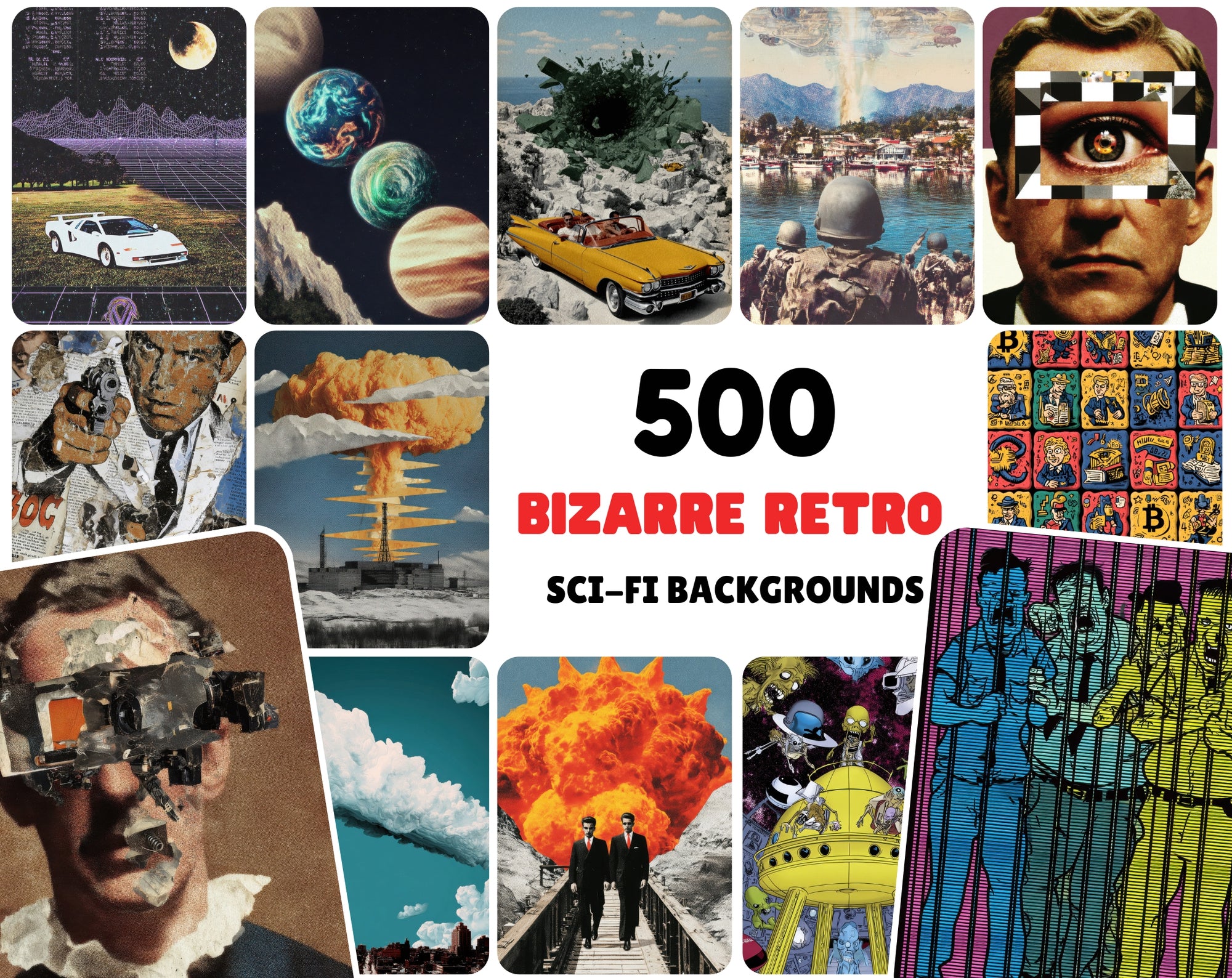 500 Strange Retro Sci-Fi Backgrounds | Bizarre Pop-Art Collage JPGs | Glitch, Conspiracy, Vaporwave, Surreal Aesthetic