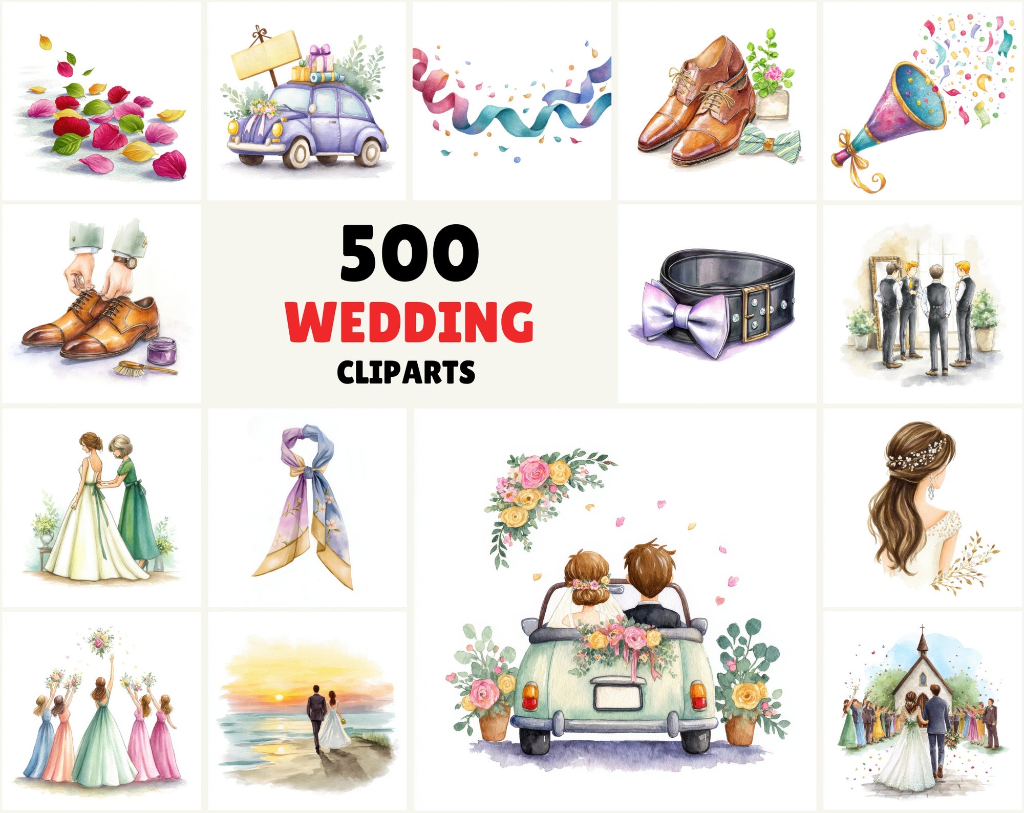 500 Watercolor Wedding Clipart – Romantic JPG Images, High-Res 4600x4600, Commercial Use
