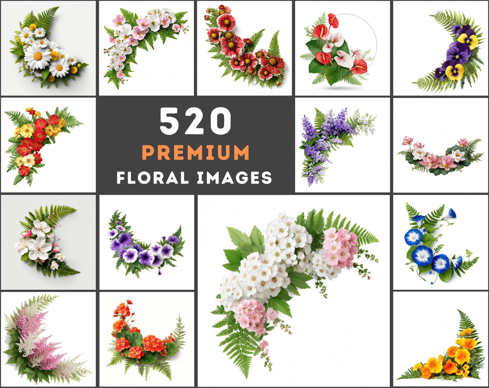 520 Floral Images Bundle | Flower Semicircle Arrangements with Ferns