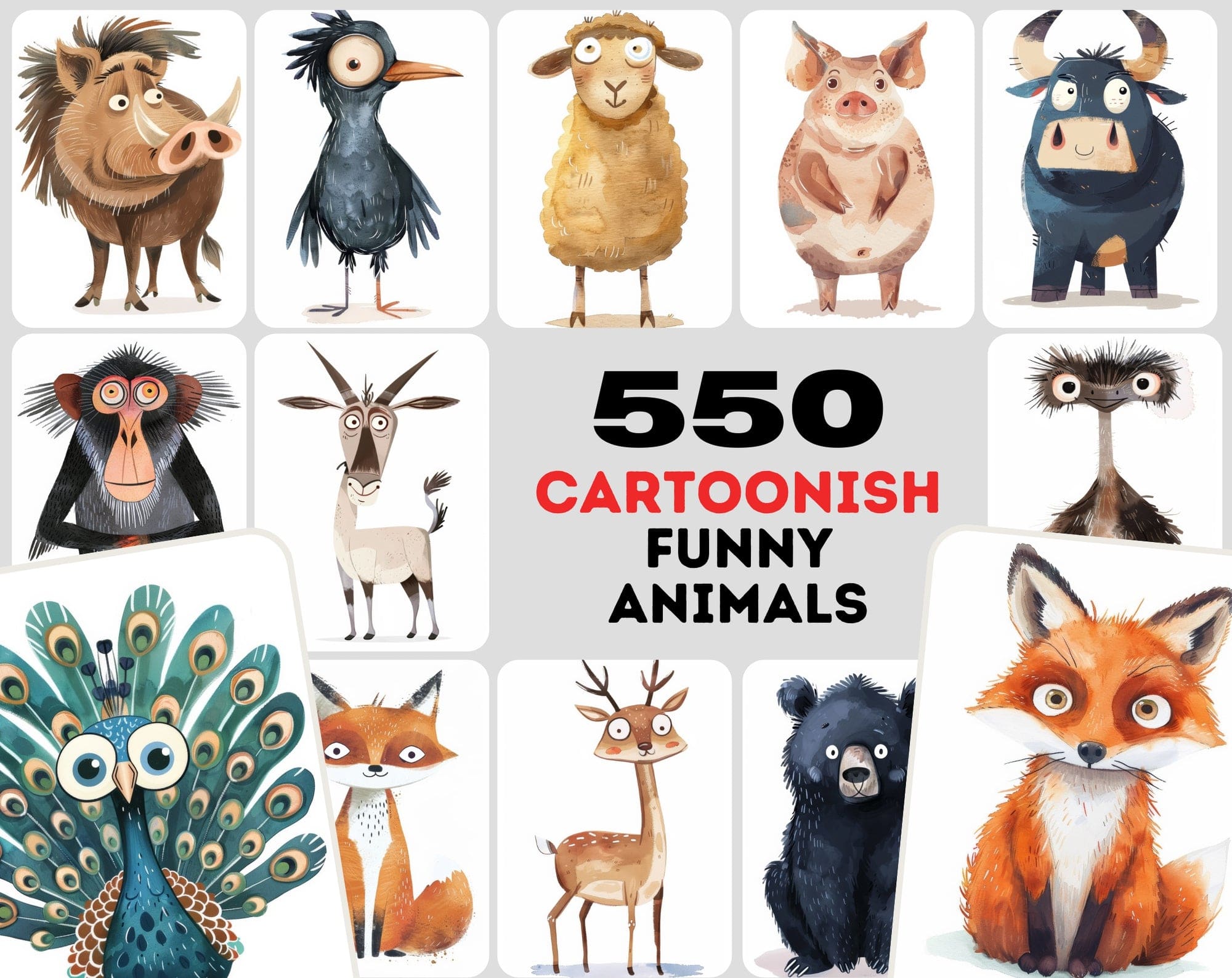 550 High-Resolution Funny Animal Illustrations - Vivid, Whimsical Art with Commercial Rights Digital Download Sumobundle