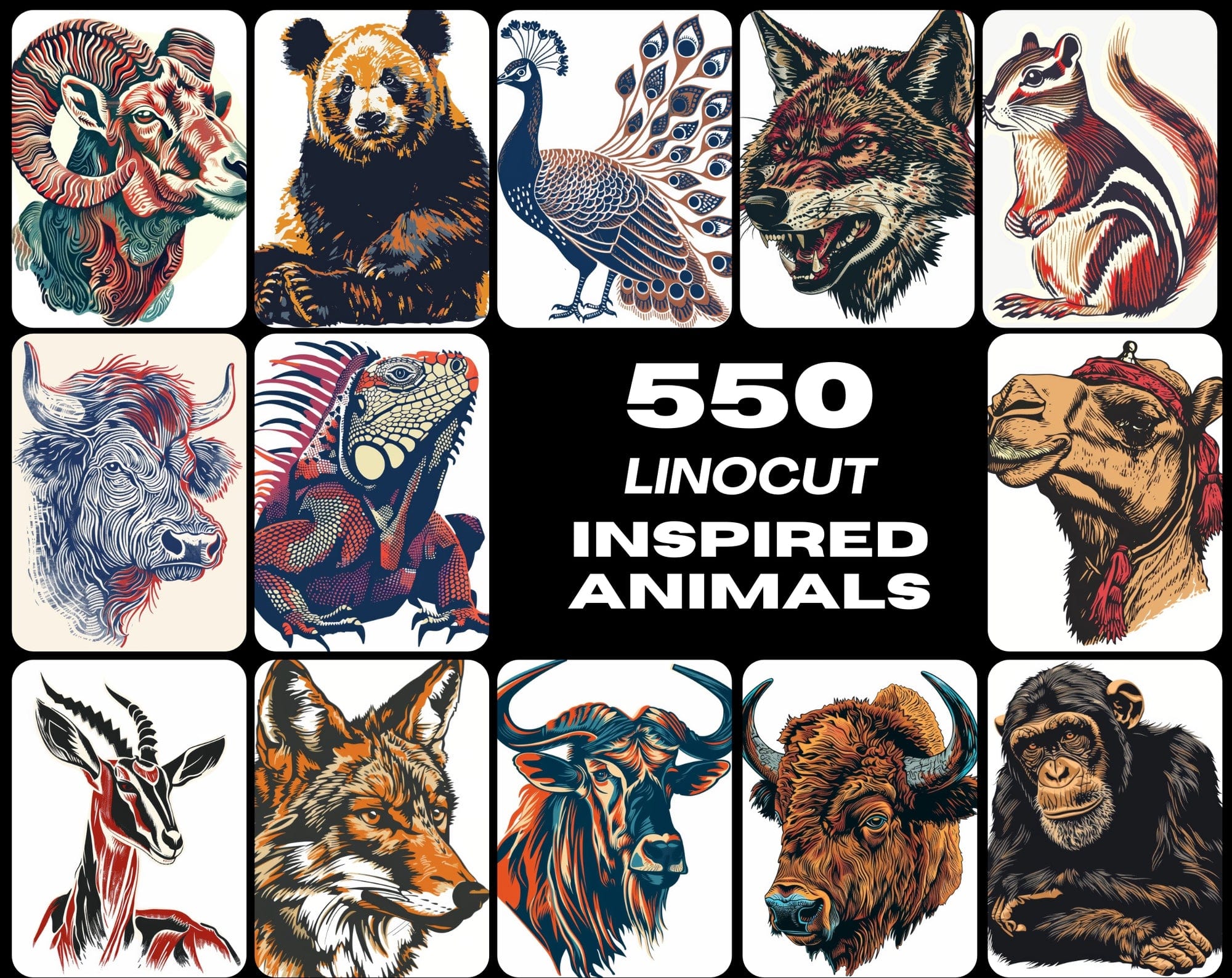 550 Linocut Animal Images - Digital Download with Commercial License Digital Download Sumobundle
