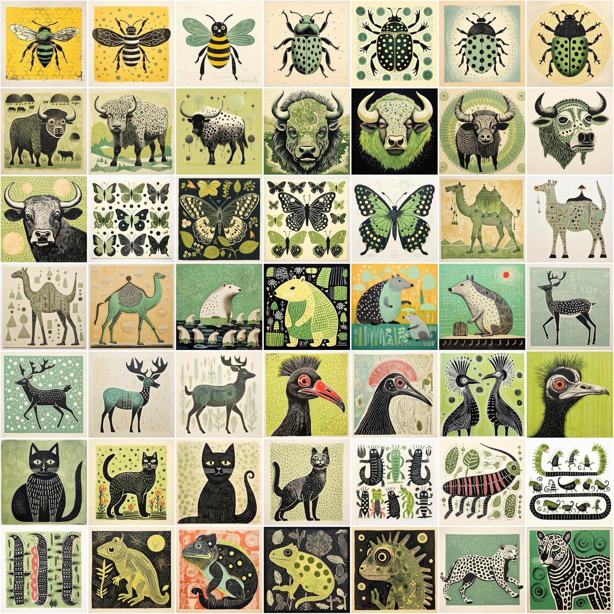 550 Stylized Animal Portraits, Green-Themed Colorful Digital Artwork with Commercial License Digital Download Sumobundle