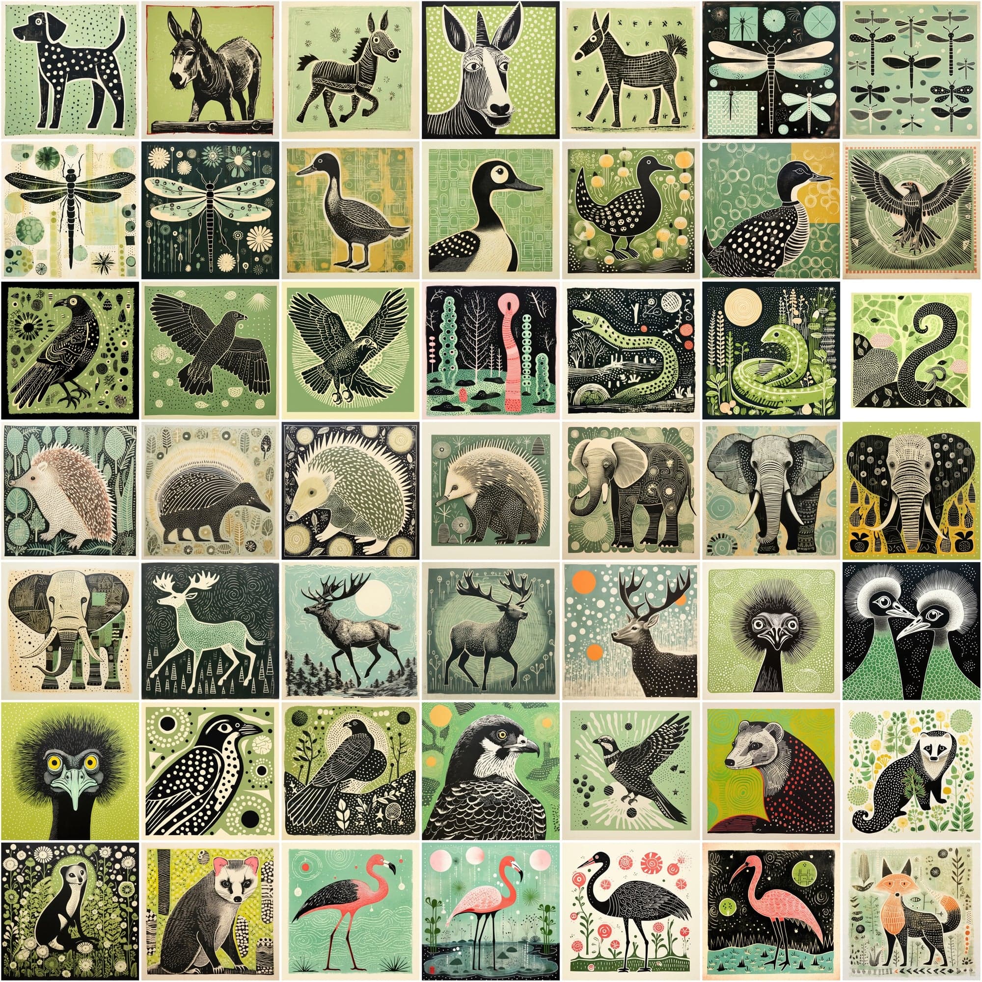 550 Stylized Animal Portraits, Green-Themed Colorful Digital Artwork with Commercial License Digital Download Sumobundle