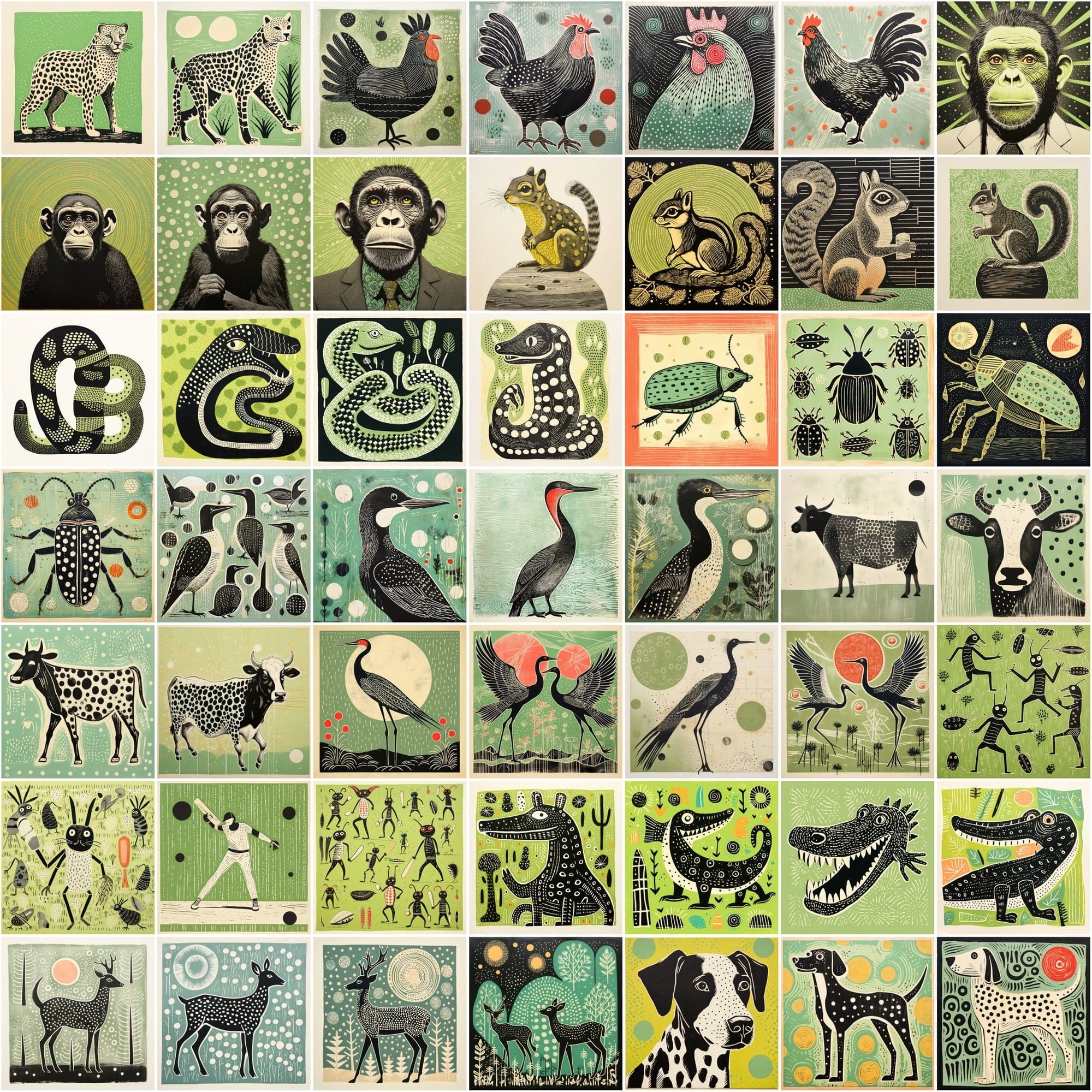 550 Stylized Animal Portraits, Green-Themed Colorful Digital Artwork with Commercial License Digital Download Sumobundle