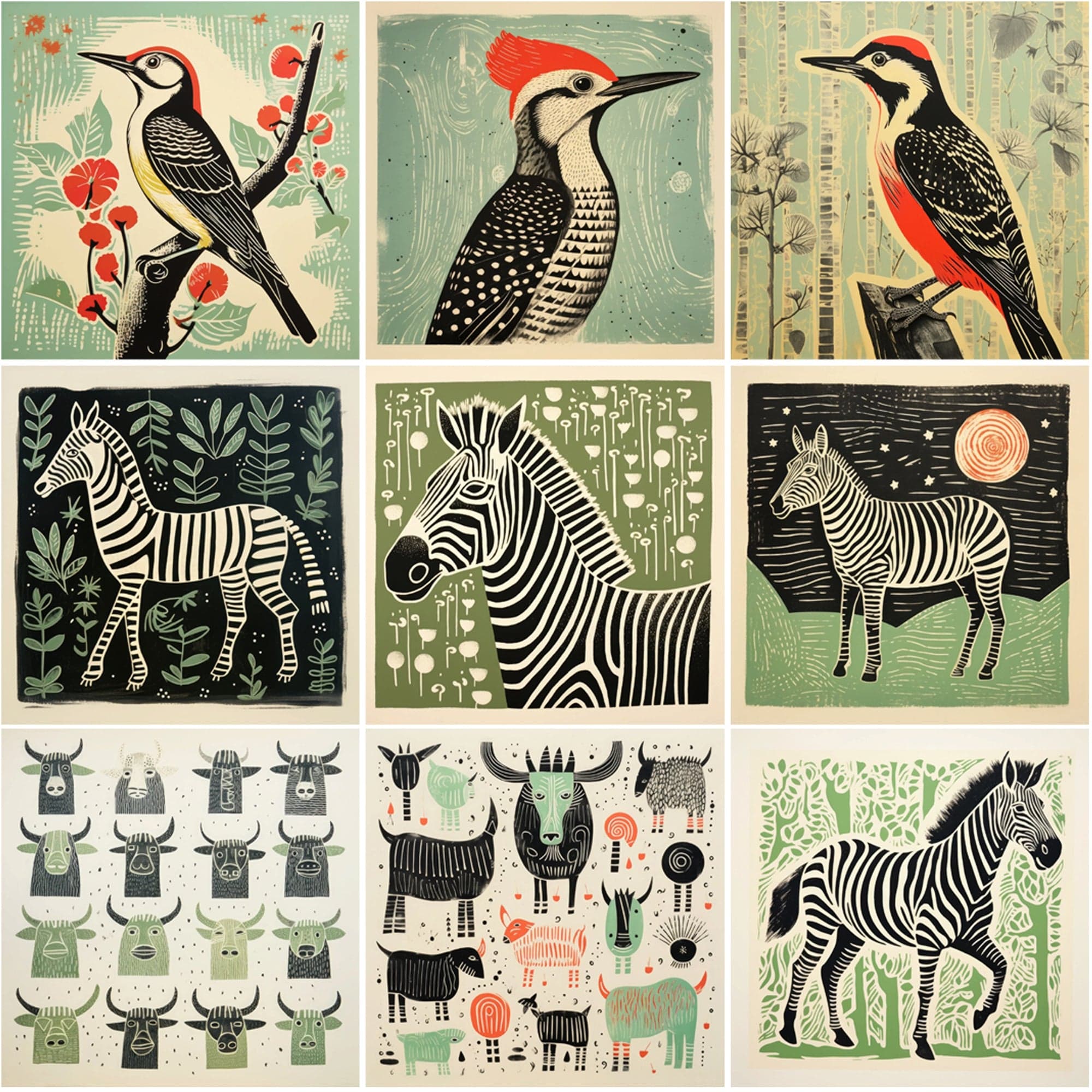 550 Stylized Animal Portraits, Green-Themed Colorful Digital Artwork with Commercial License Digital Download Sumobundle