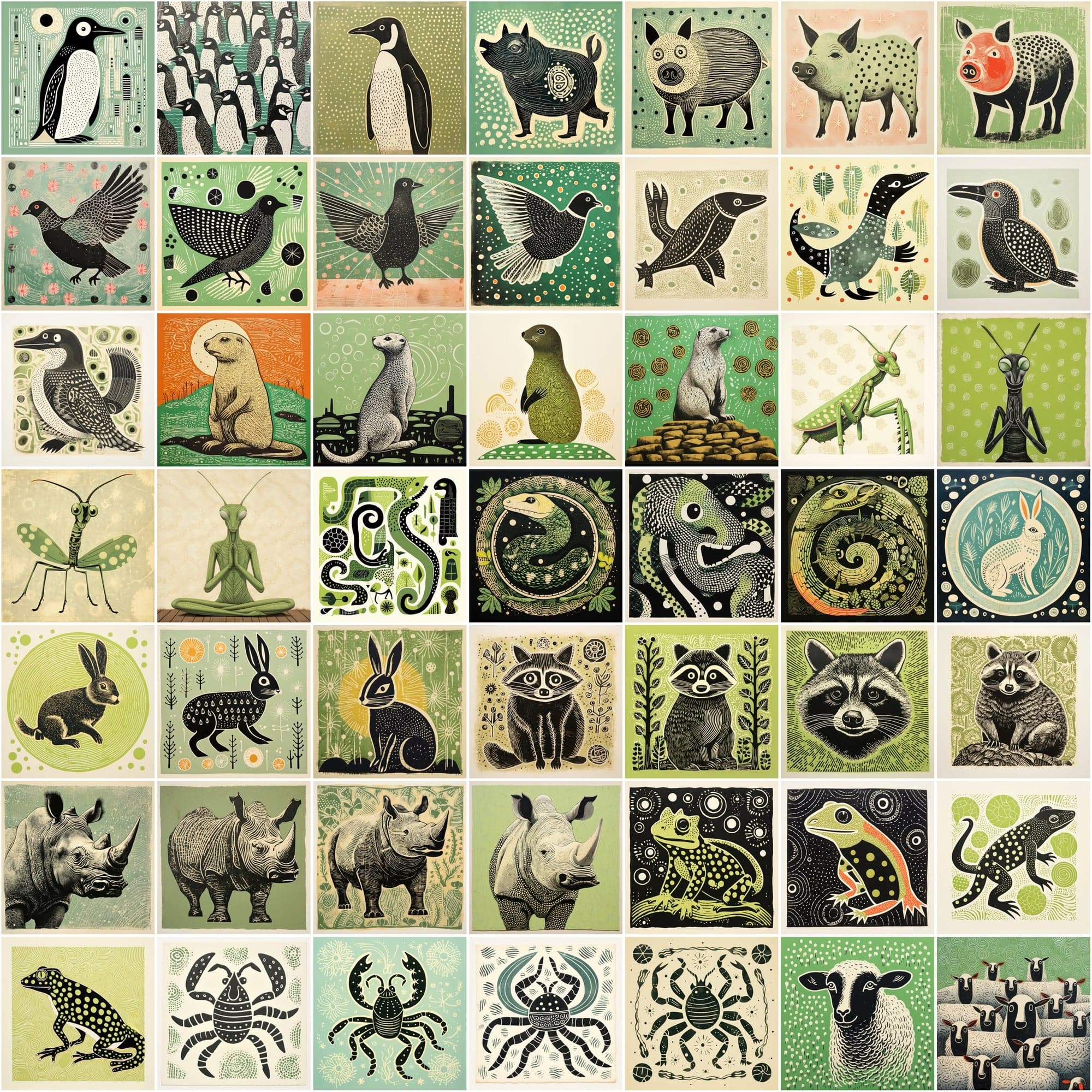 550 Stylized Animal Portraits, Green-Themed Colorful Digital Artwork with Commercial License Digital Download Sumobundle