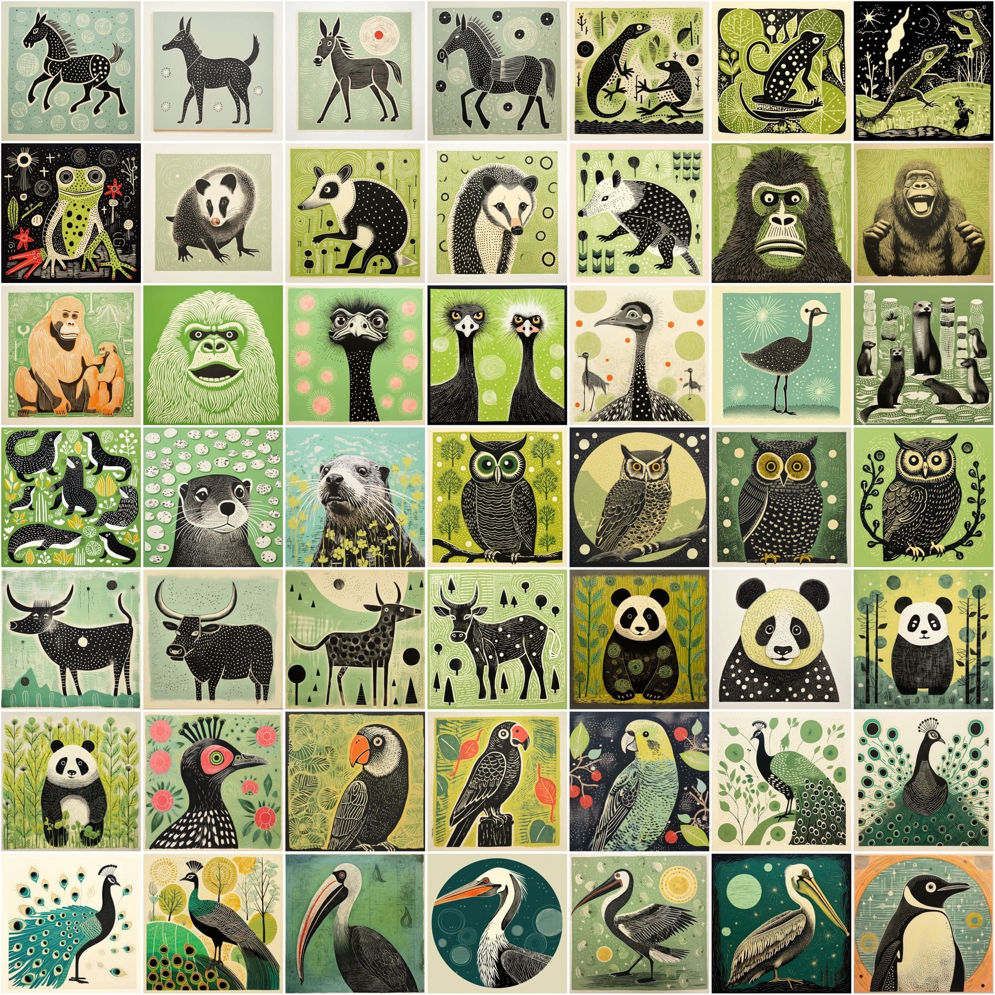 550 Stylized Animal Portraits, Green-Themed Colorful Digital Artwork with Commercial License Digital Download Sumobundle
