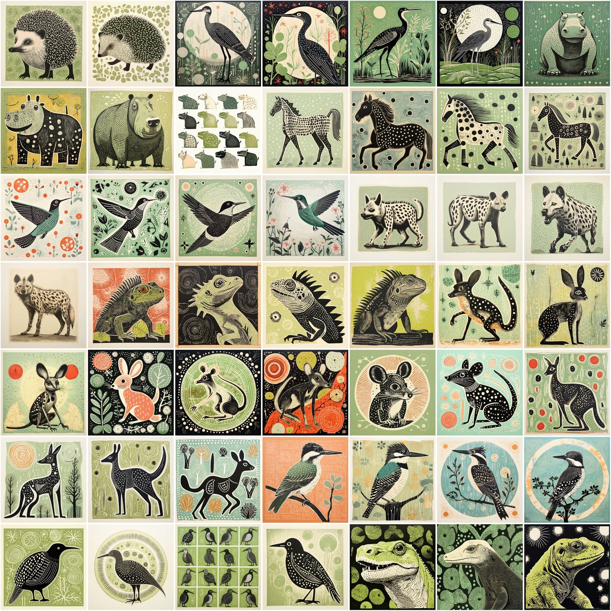 550 Stylized Animal Portraits, Green-Themed Colorful Digital Artwork with Commercial License Digital Download Sumobundle