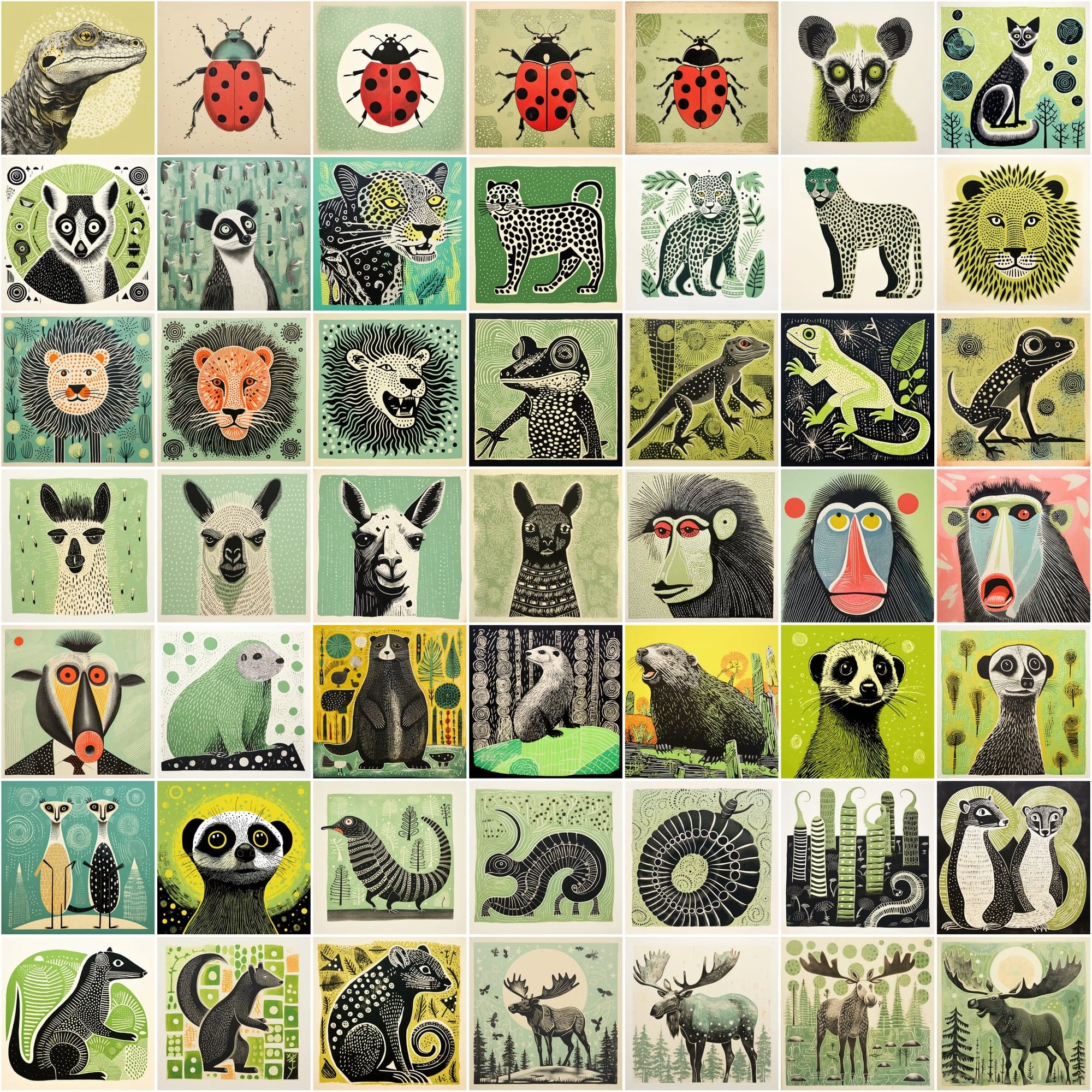 550 Stylized Animal Portraits, Green-Themed Colorful Digital Artwork with Commercial License Digital Download Sumobundle