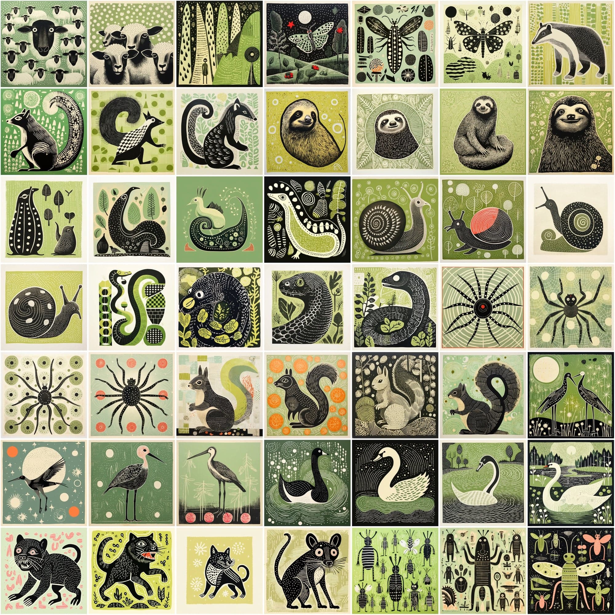 550 Stylized Animal Portraits, Green-Themed Colorful Digital Artwork with Commercial License Digital Download Sumobundle