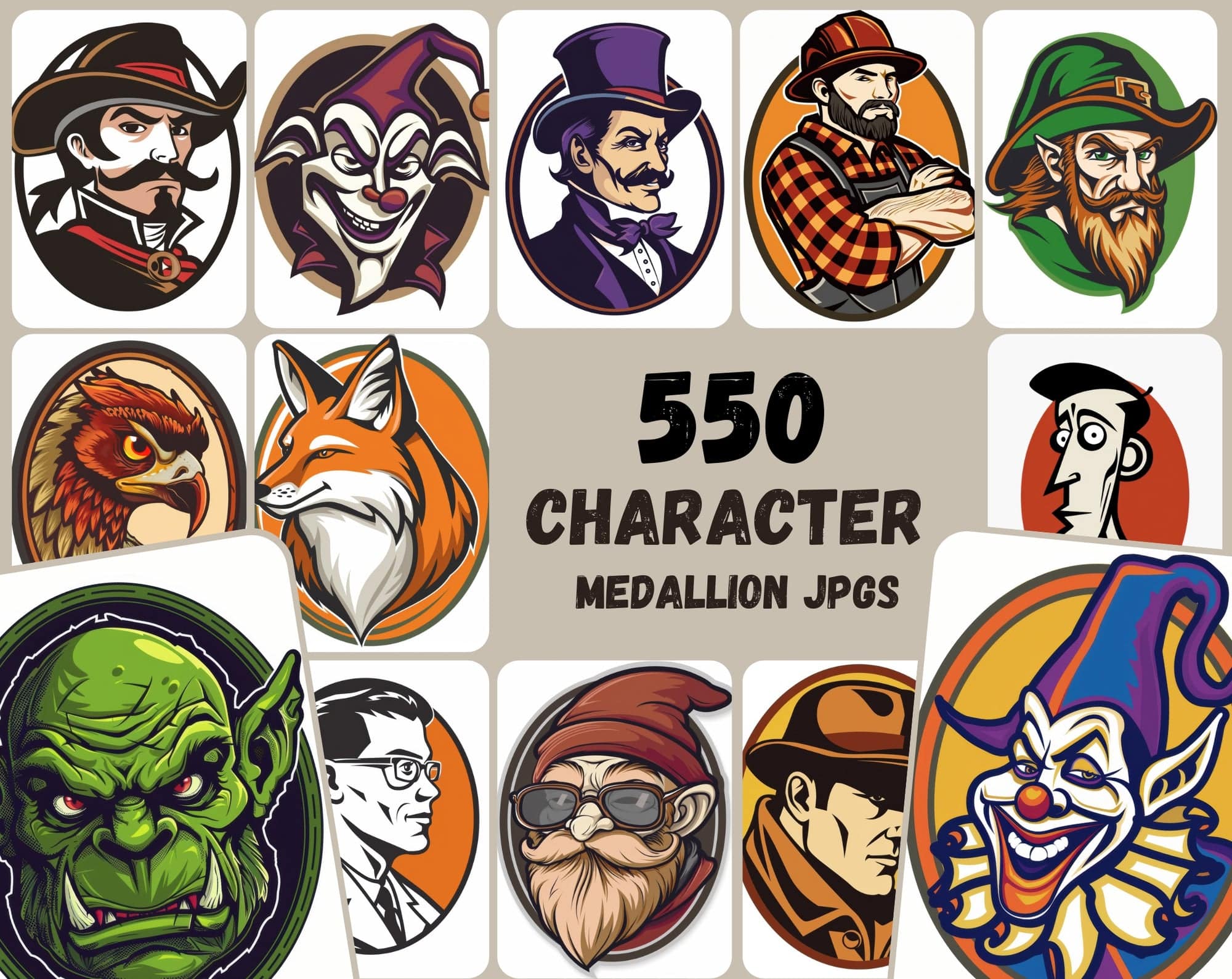 550 Unique Character Medallion JPGs | Commercial License Digital Download Sumobundle