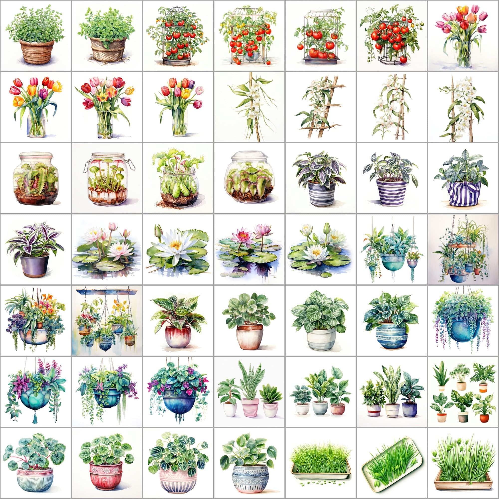 550 Watercolor Plant & Fruit Pot Images - Vibrant PNG Cliparts with Transparent and White Backgrounds Digital Download Sumobundle