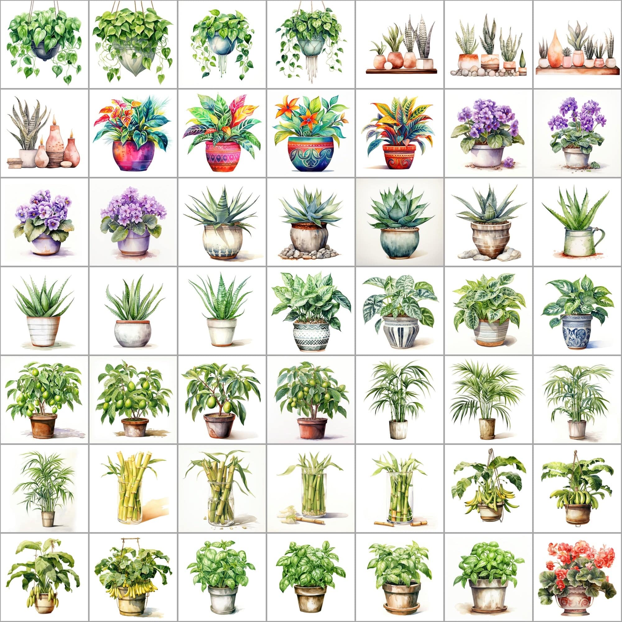 550 Watercolor Plant & Fruit Pot Images - Vibrant PNG Cliparts with Transparent and White Backgrounds Digital Download Sumobundle