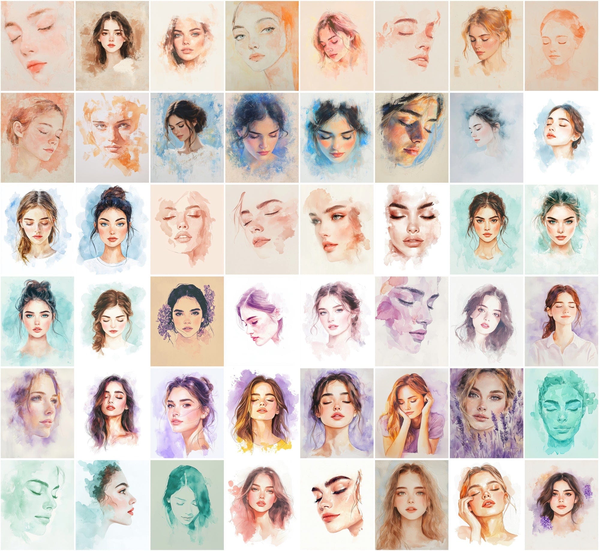 550 Watercolor-Style Girl Portraits | Delicate Digital Art Pack Digital Download Sumobundle