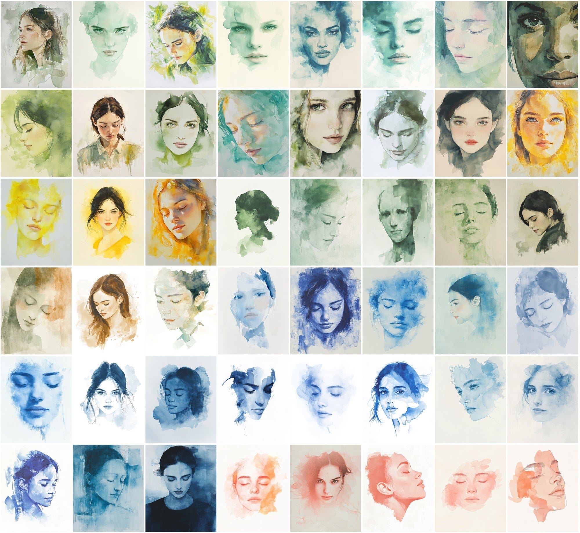 550 Watercolor-Style Girl Portraits | Delicate Digital Art Pack Digital Download Sumobundle