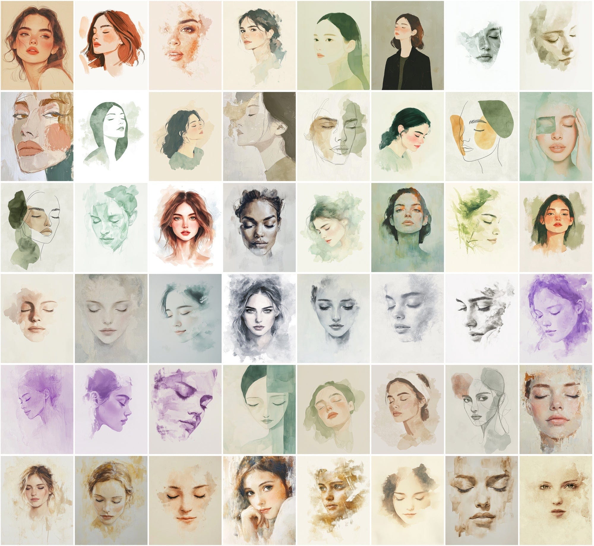 550 Watercolor-Style Girl Portraits | Delicate Digital Art Pack Digital Download Sumobundle
