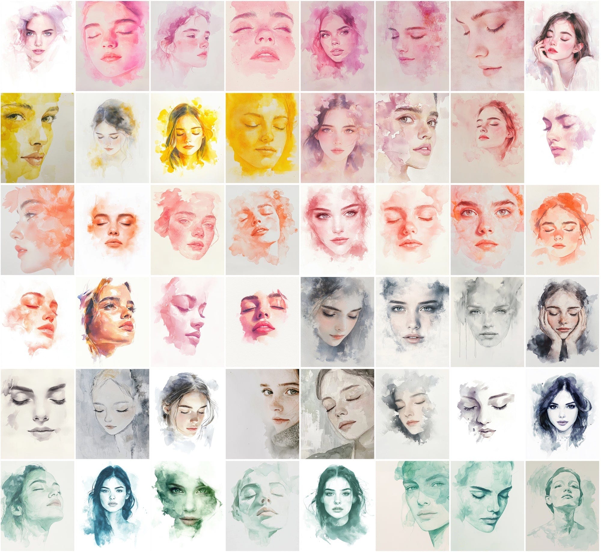 550 Watercolor-Style Girl Portraits | Delicate Digital Art Pack Digital Download Sumobundle